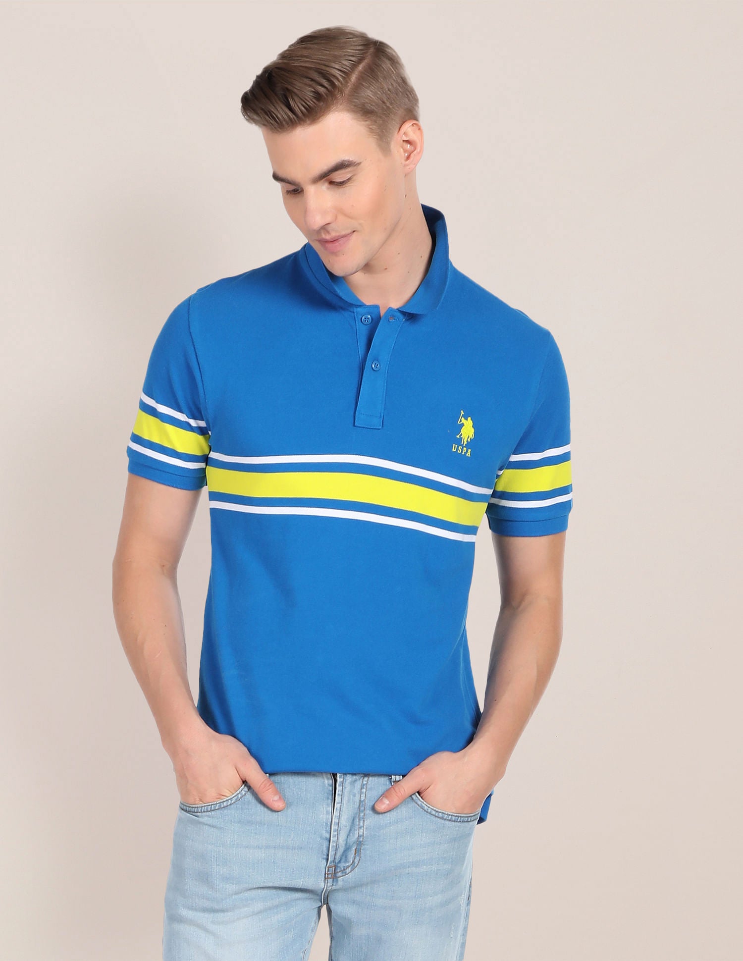 Ribbed Collar Horizontal Stripe Polo Shirt