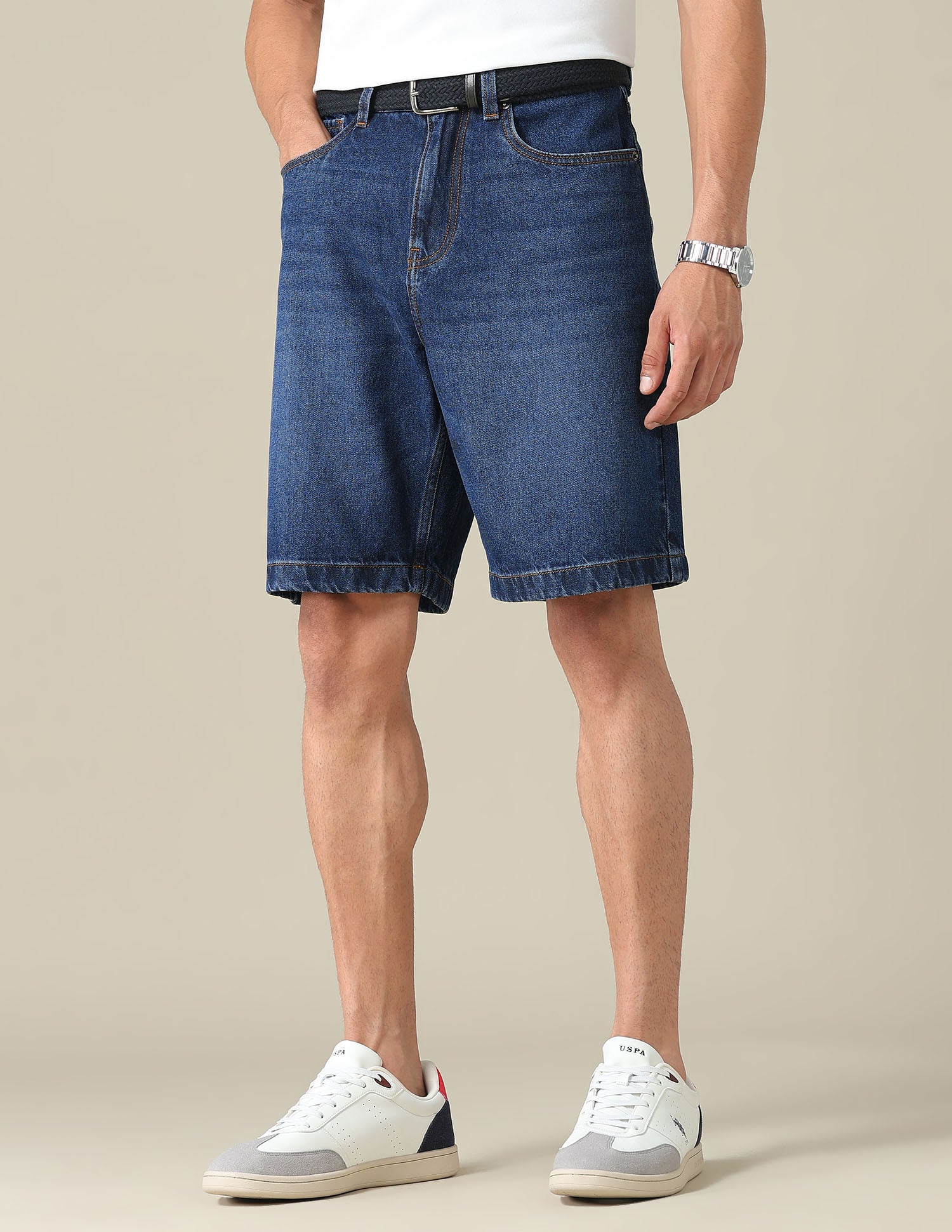 Mid Rise Solid Denim Shorts