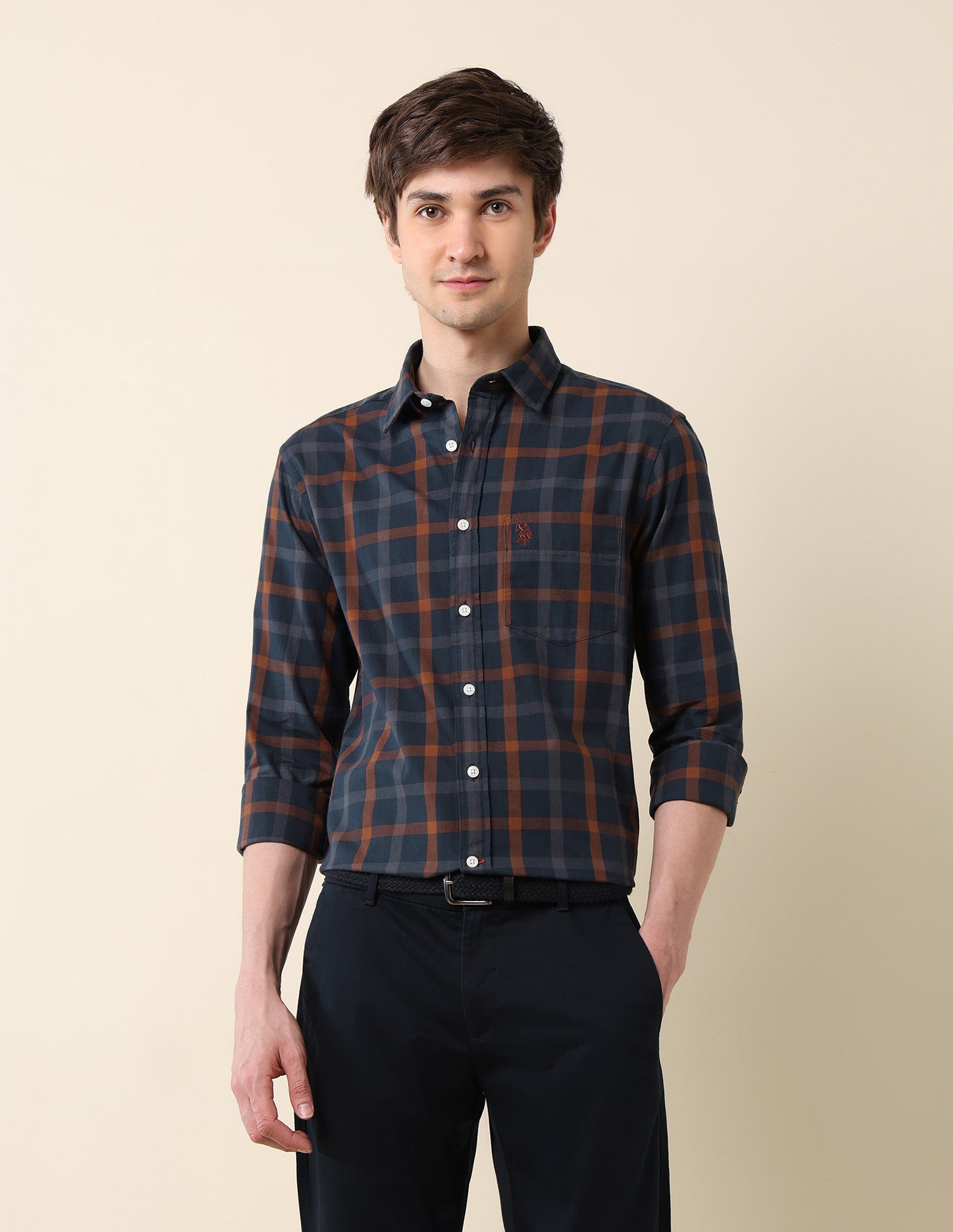 Windowpane Checked Pure Cotton Shirt Navy - U.S. Polo Assn. India | Large