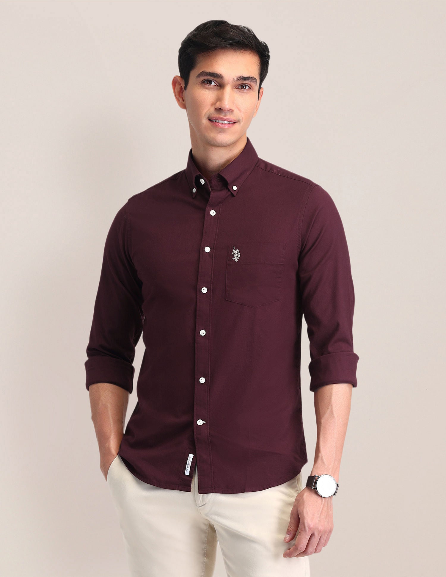 Button Down Collar Tailored Fit Shirt Maroon - U.S. Polo Assn. India | Large