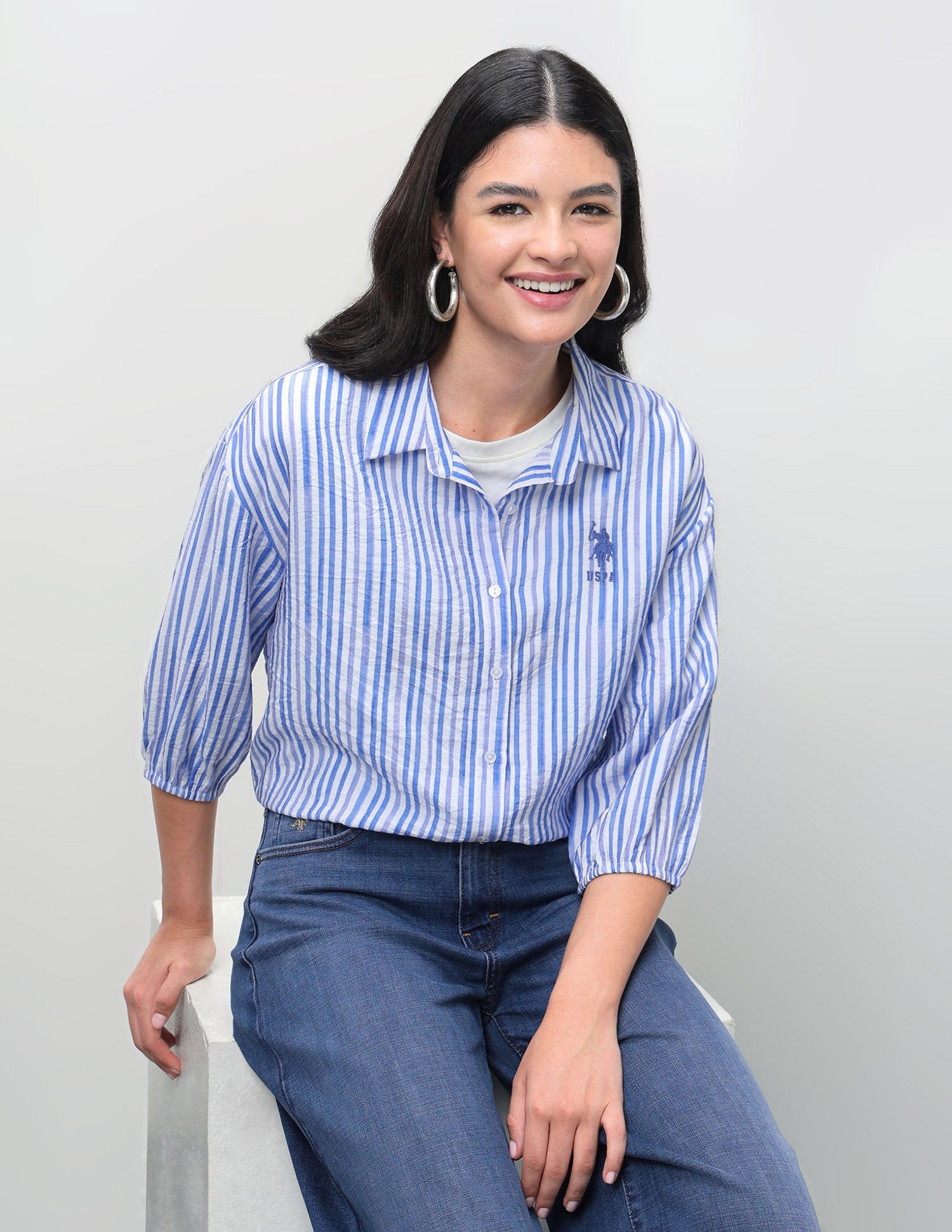 Vertical Striped Relaxed Fit Shirt Light Blue - U.S. Polo Assn. India | Large