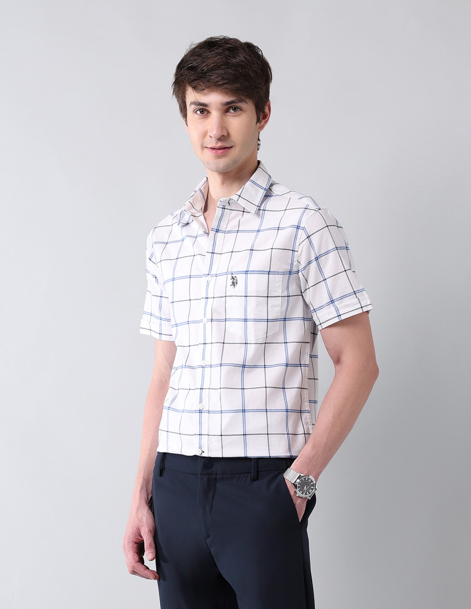 Grid Tattersall Checked Pure Cotton Shirt Blue - U.S. Polo Assn. India | Large