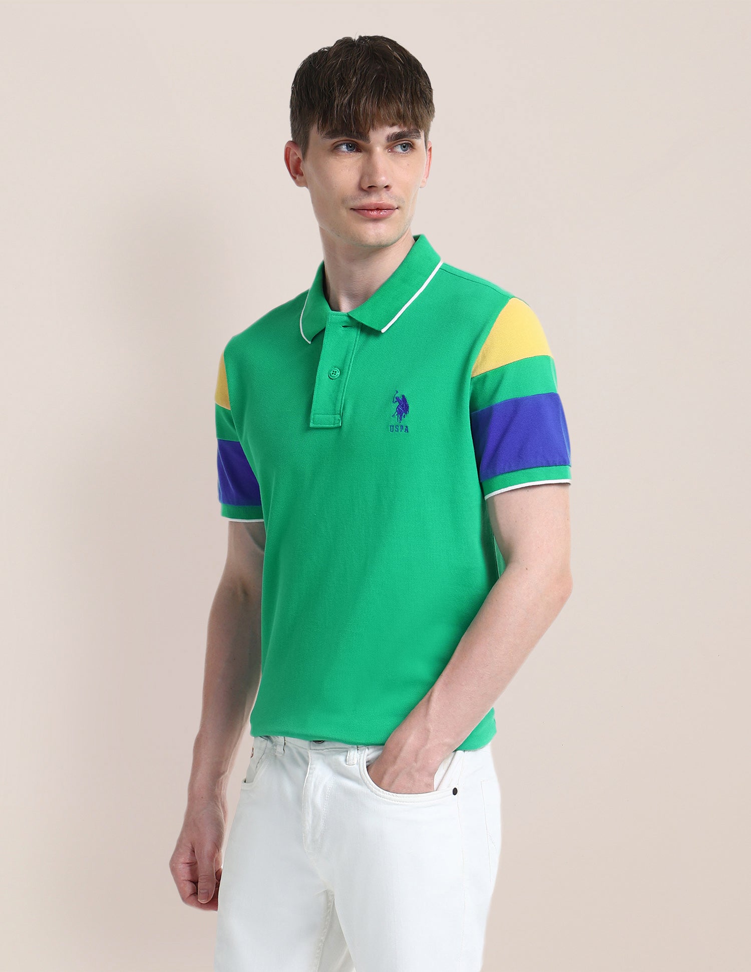 Colour Blocked Slim Fit Polo Shirt Green - U.S. Polo Assn. India | Large