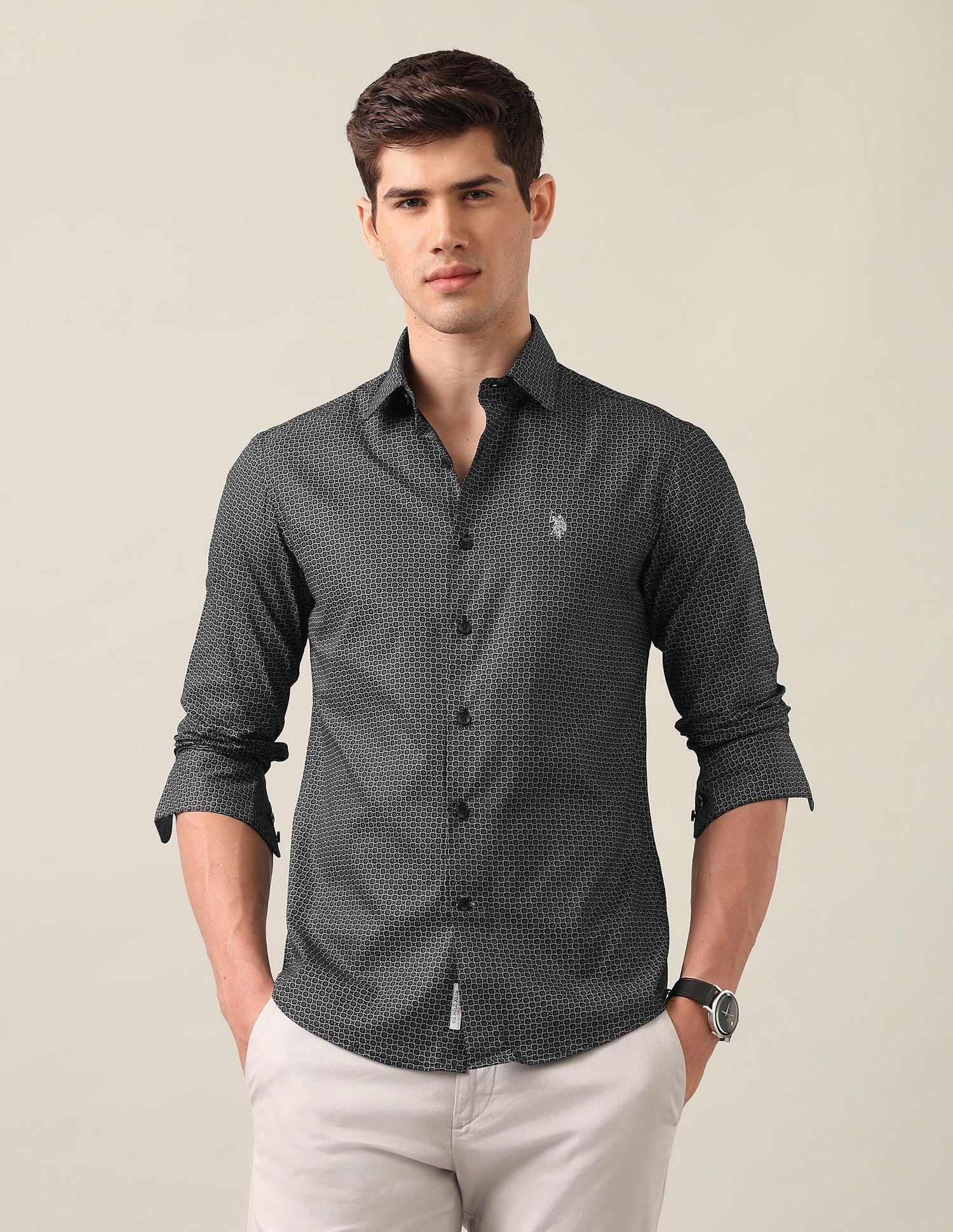 Geometric Printed Satin Shirt Black - U.S. Polo Assn. India | Large
