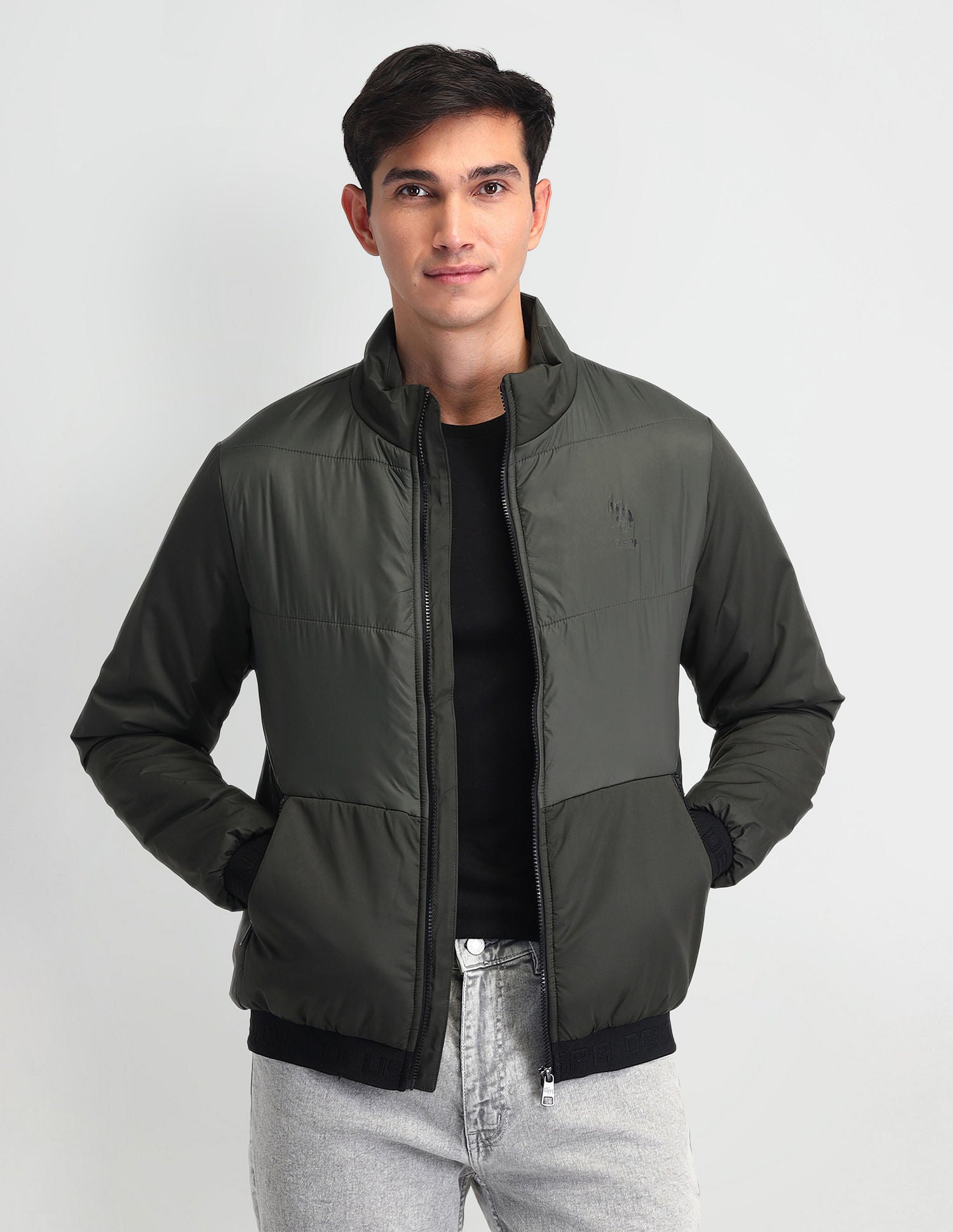 Regular Fit Solid Padded Jacket Olive - U.S. Polo Assn. India | Large
