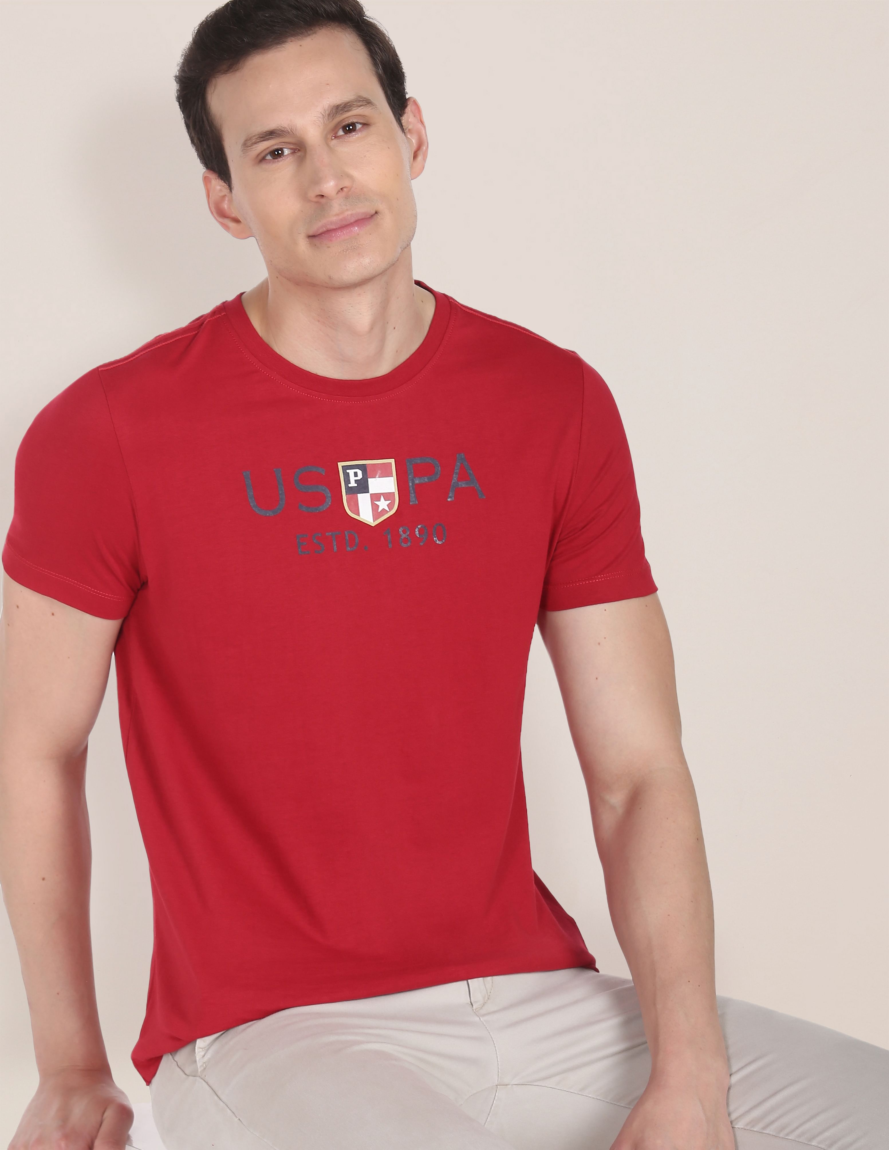 Crew Neck Brand Print Cotton T-Shirt Red - U.S. POLO ASSN. | Large