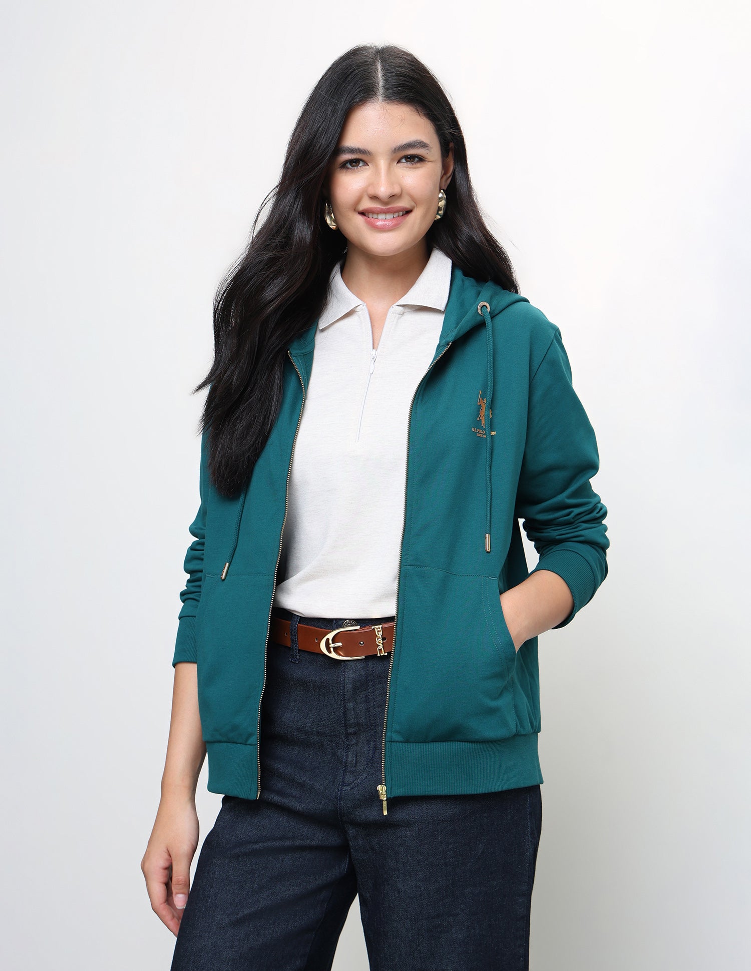 Solid Regular Fit Zipper Sweatshirt Teal - U.S. Polo Assn. India | Large