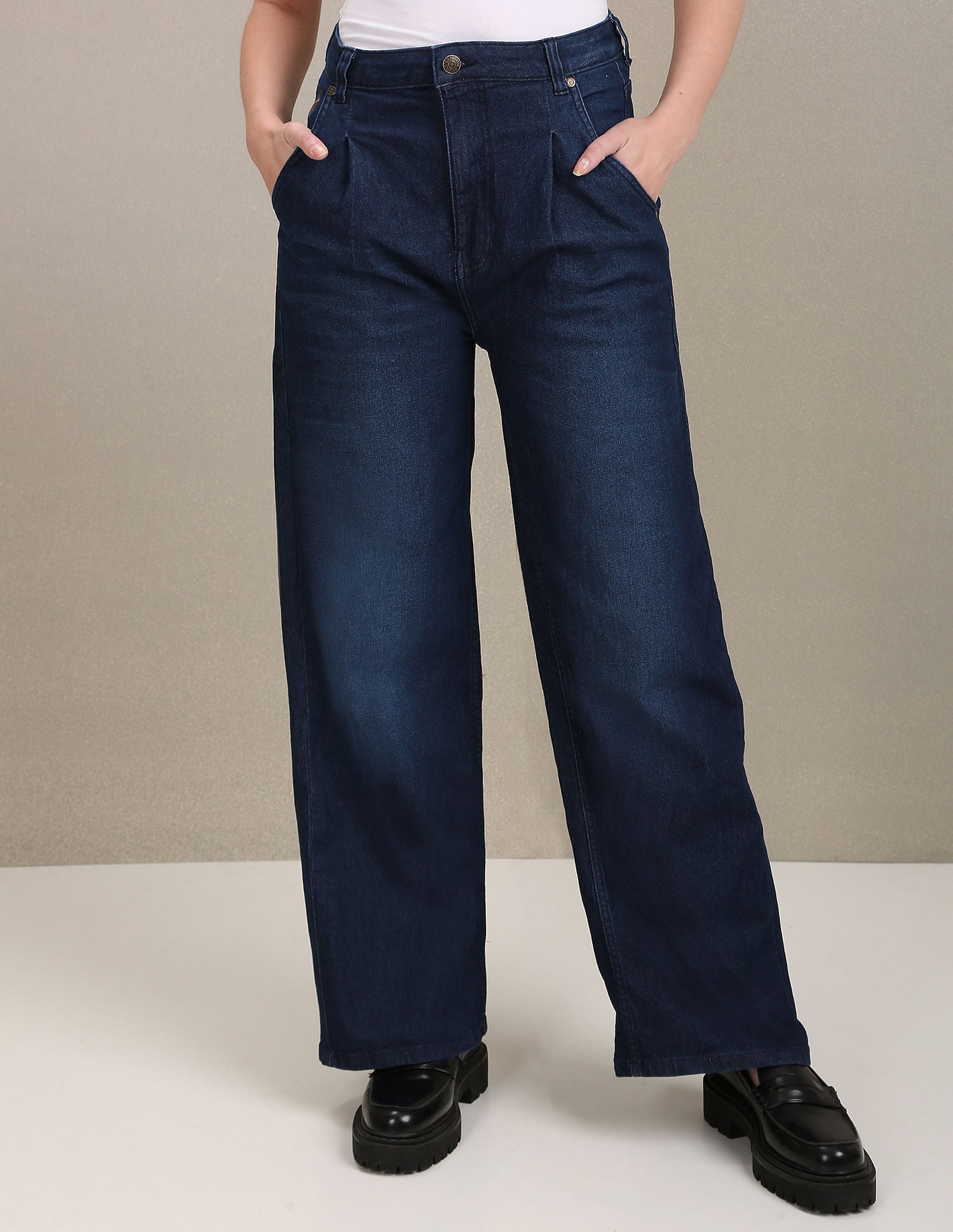 High Rise Pleated Wide Leg Jeans Dark Blue - U.S. Polo Assn. India | Large