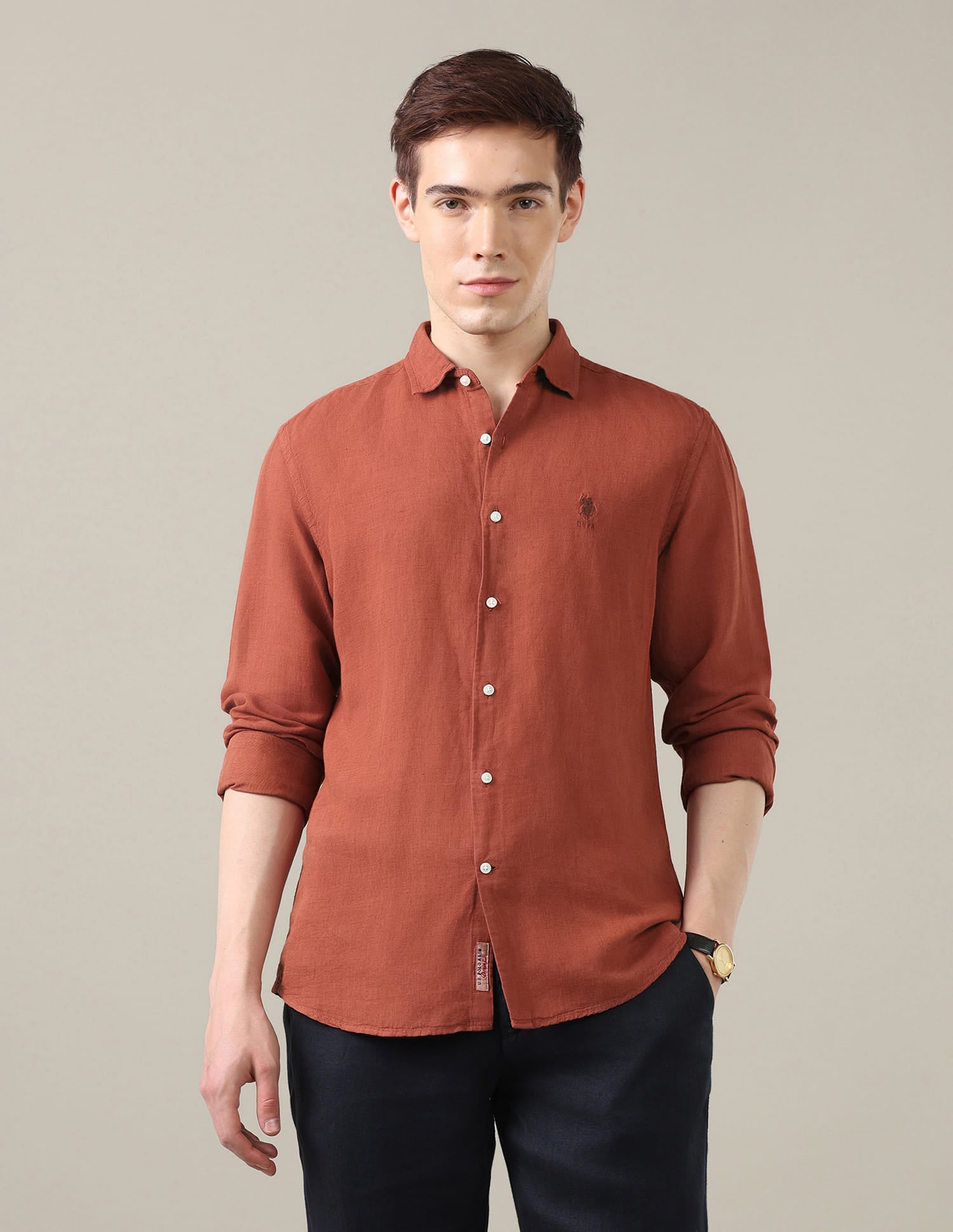 Solid Regular Fit Shirt Brown - U.S. Polo Assn. India | Large