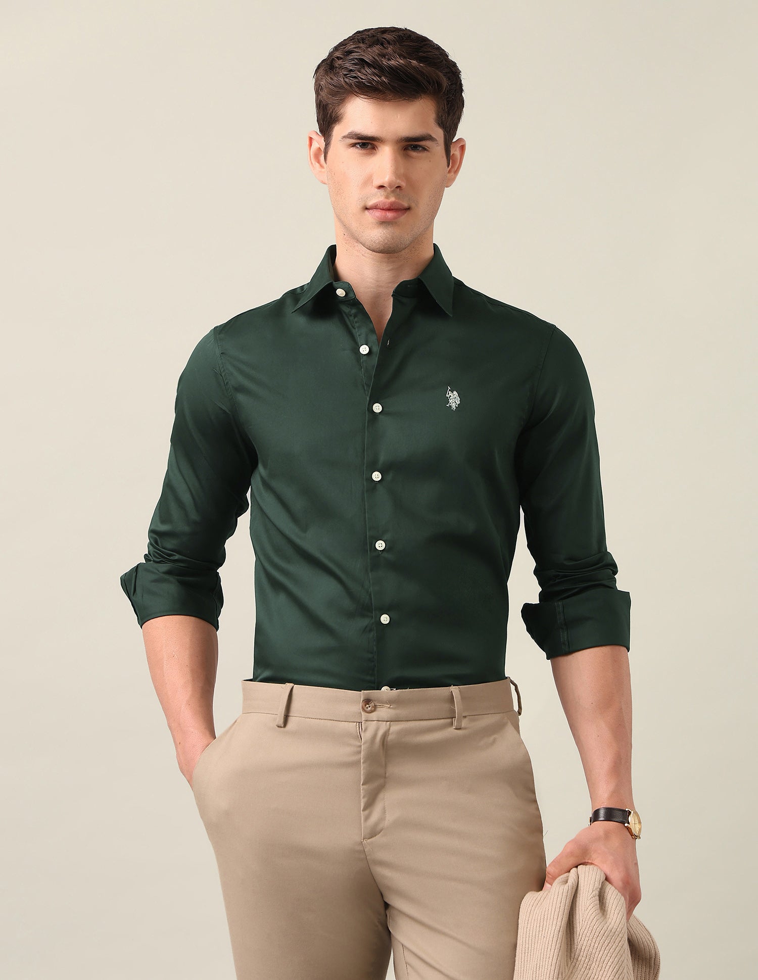 Satin Tailored Fit Shirt Dark Green - U.S. Polo Assn. India | Large
