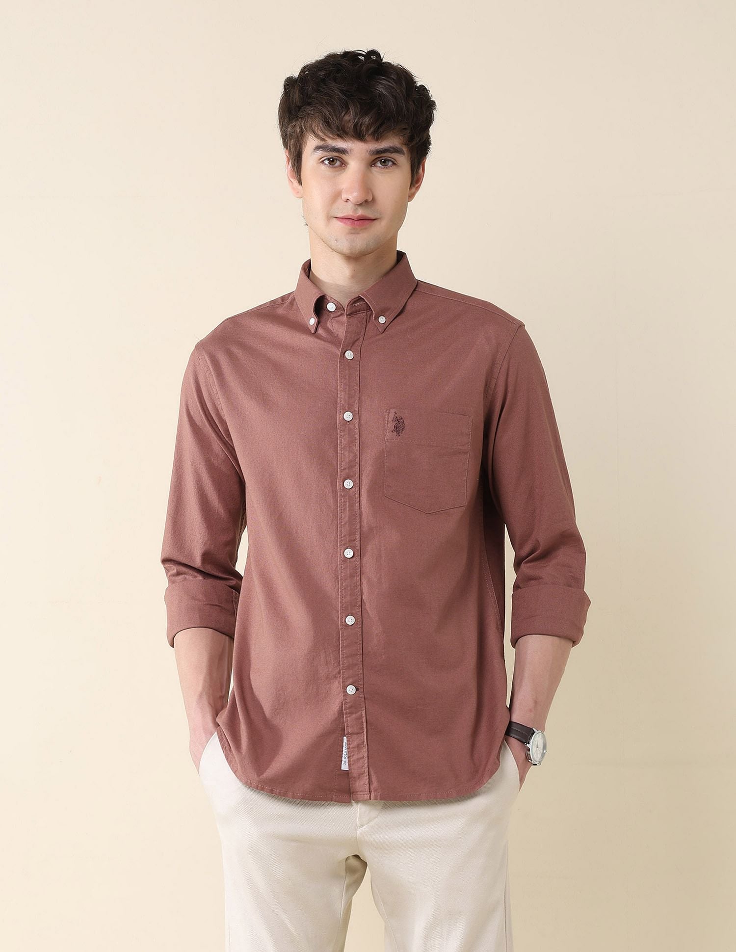 Solid Oxford Stretch Button Down Shirt Light Red - U.S. Polo Assn. India | Large