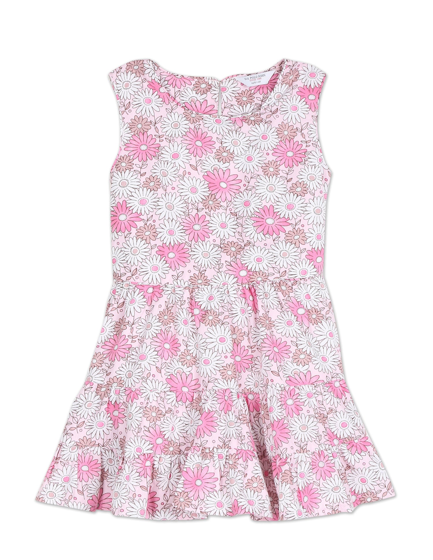 Girls Pink Floral Print Tiered Fit And Flare Dress