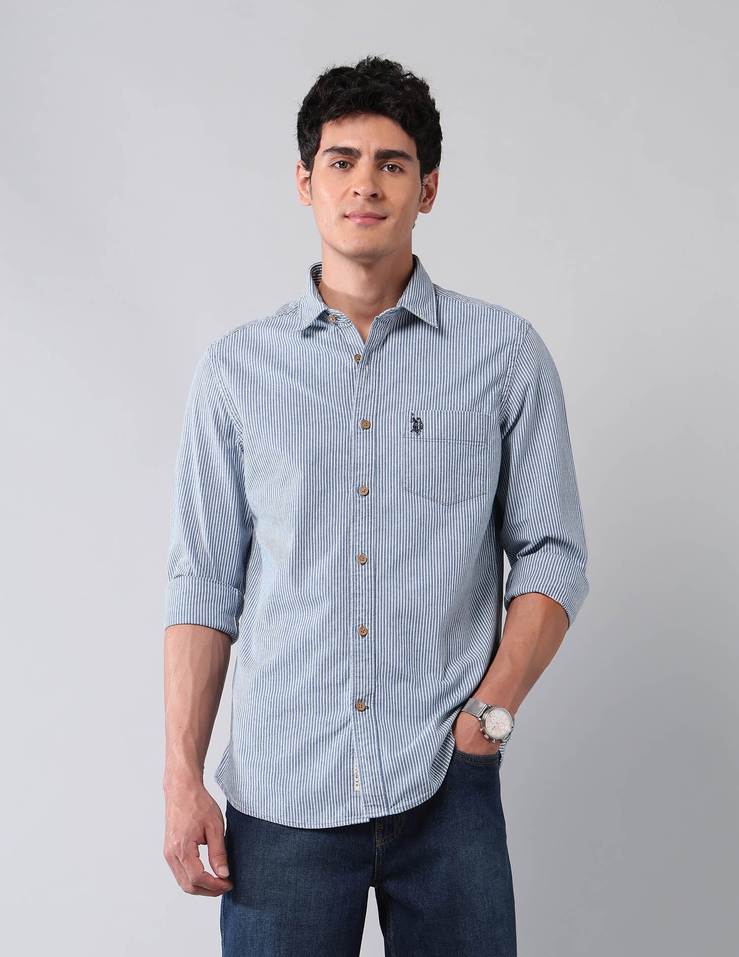 Vertical Striped Pure Cotton Shirt Indigo - U.S. Polo Assn. India | Large