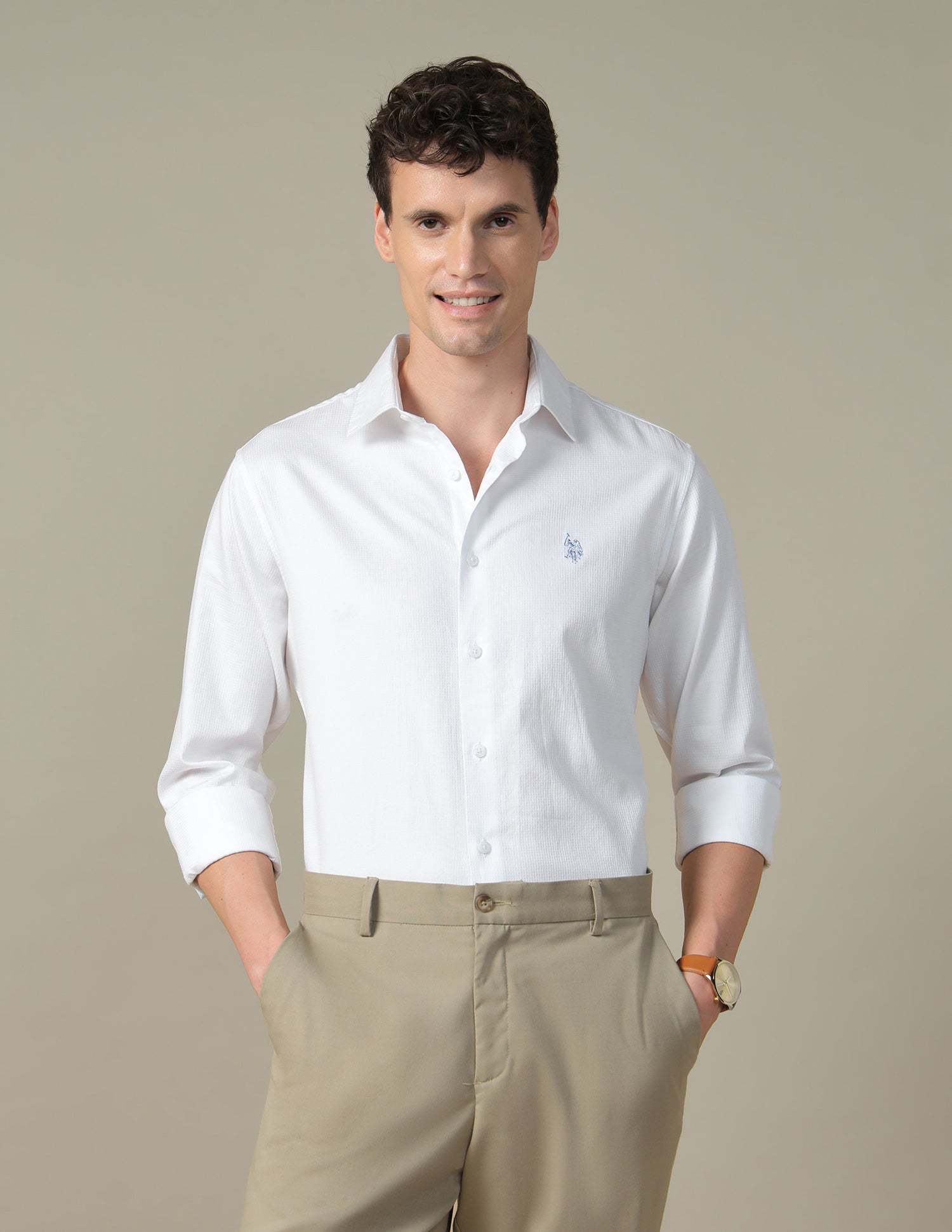 Dobby Tailored Fit Shirt White - U.S. Polo Assn. India | Large