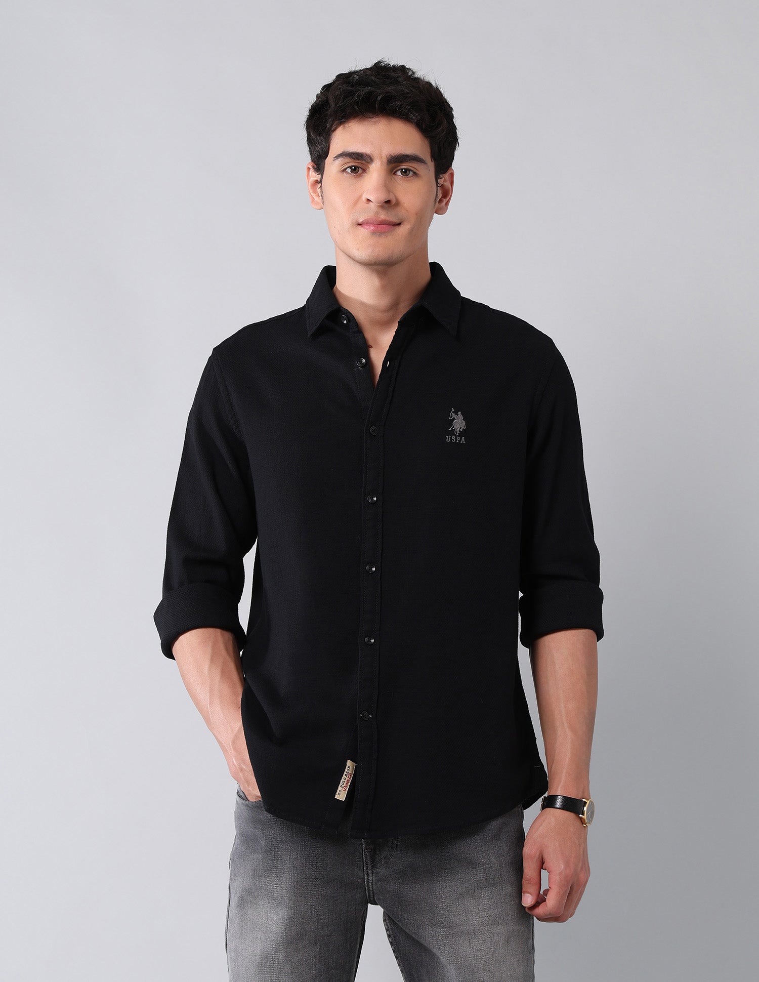 Pure Cotton Regular Fit Dobby Shirt Black - U.S. Polo Assn. India | Large