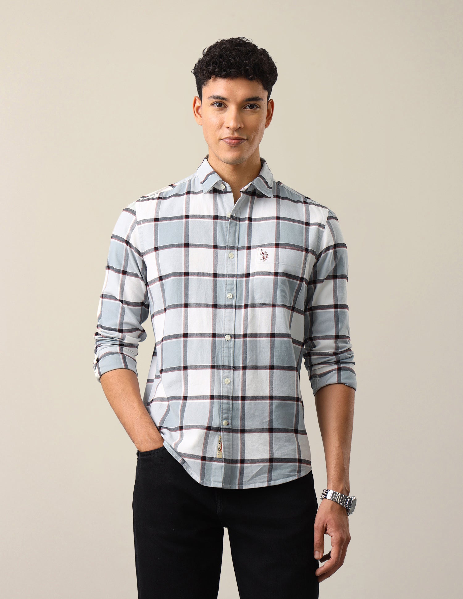 Twill Windowpane Checked Shirt Grey - U.S. Polo Assn. India | Large