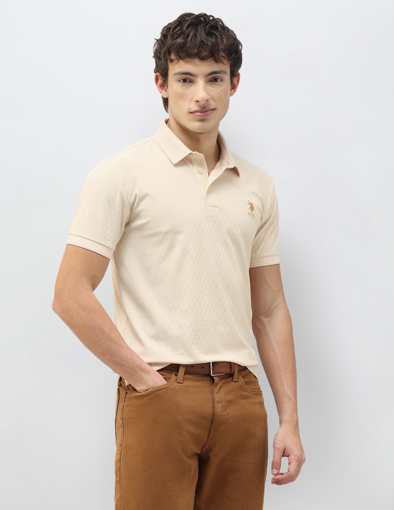 Geometric Patterned Knit Slim Fit Polo Shirt