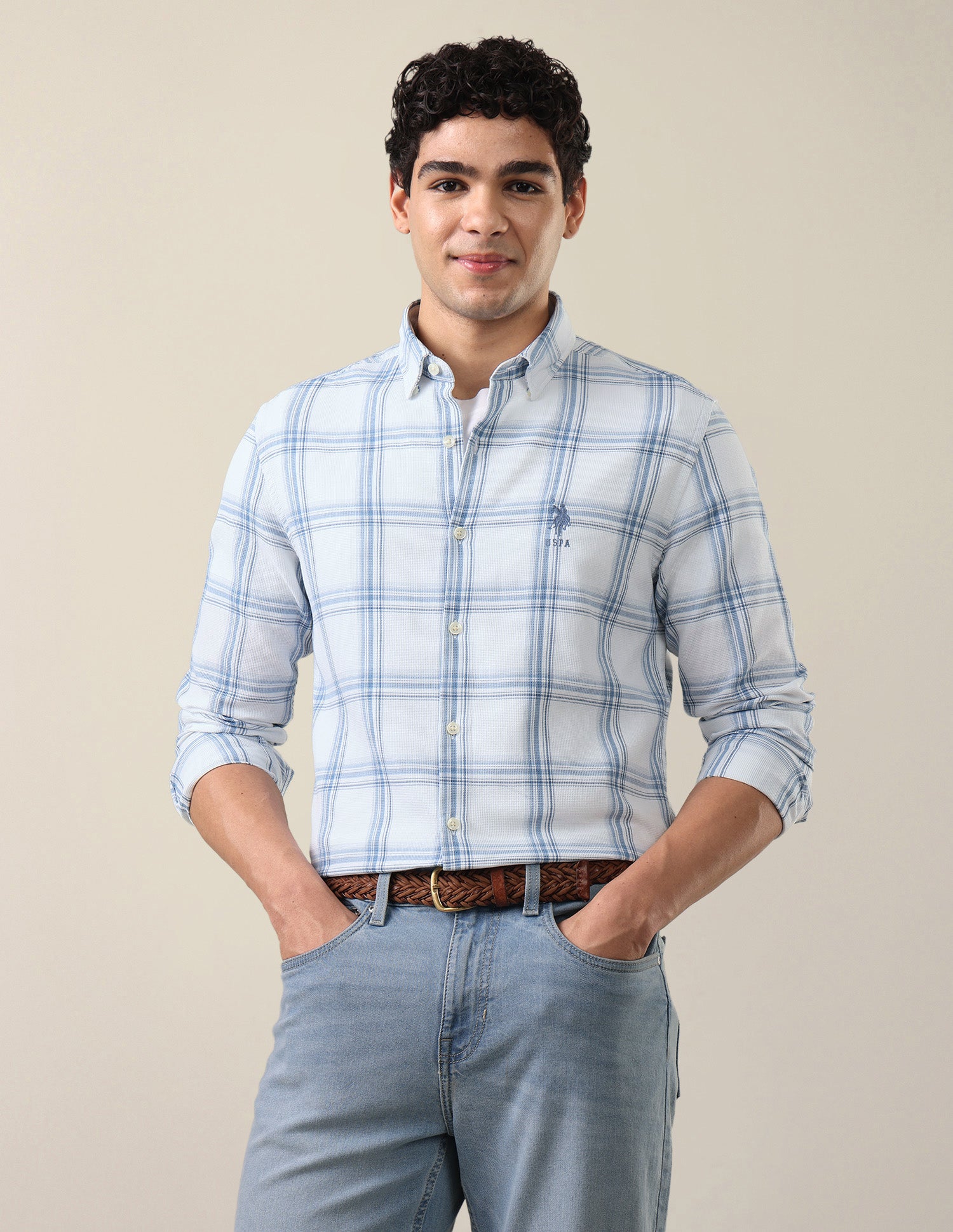 Windowpane Checked Regular Fit Shirt Light Indigo - U.S. Polo Assn. India | Large