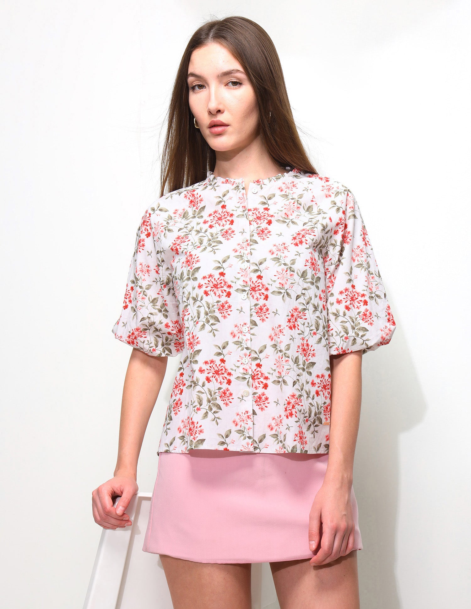 Raglan Balloon Sleeve Ruffle Neck Top