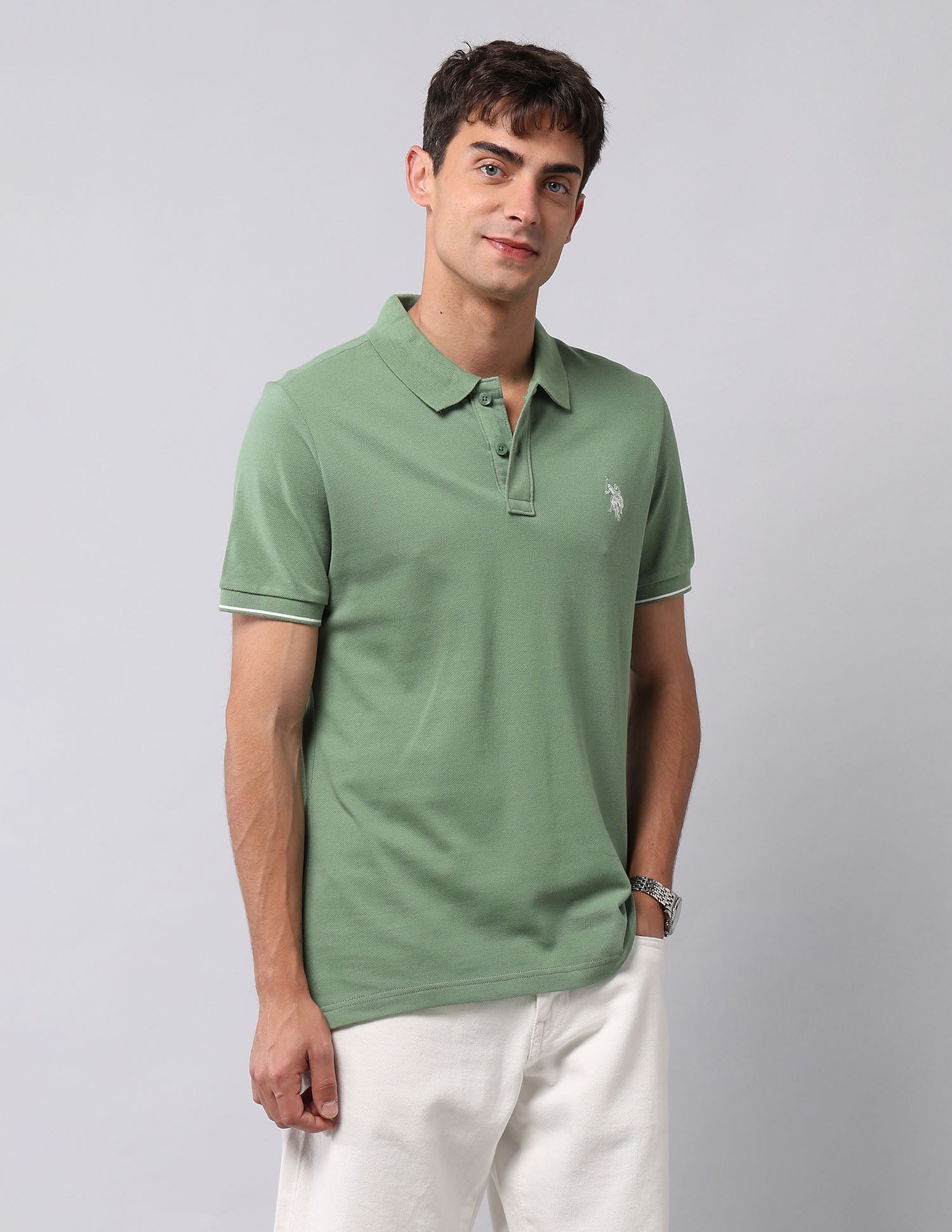 Muscle Fit Pure Cotton Polo Shirt Light Green - U.S. Polo Assn. India | Large