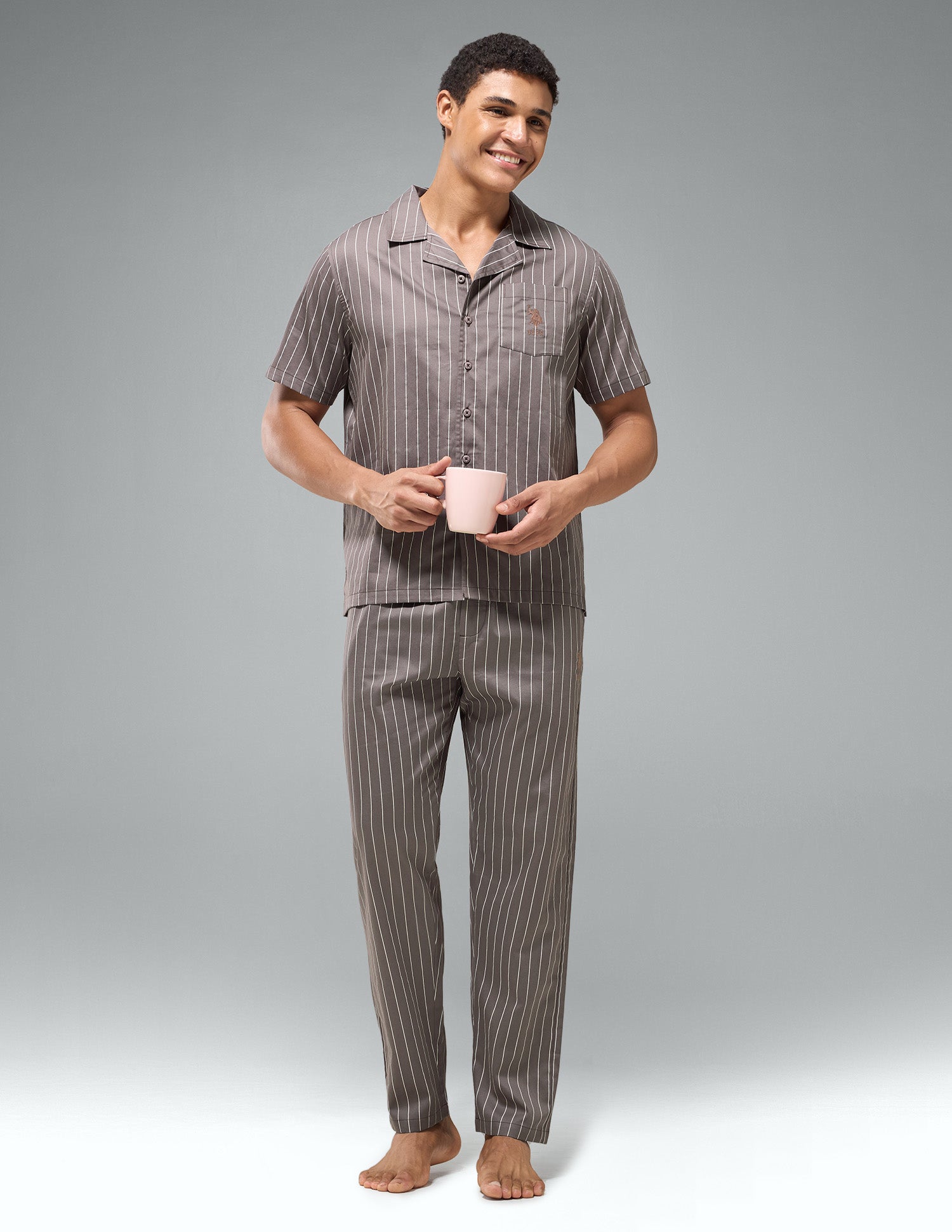 Pure Cotton Striped OESS03 Sleep Set Dark Brown - U.S. Polo Assn. India | Large