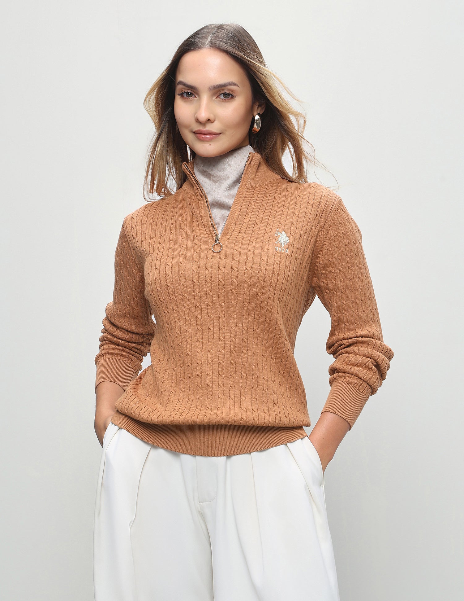 Cable Patterned Knit Regular Fit Half Zip Sweater Light Brown - U.S. Polo Assn. India | Large