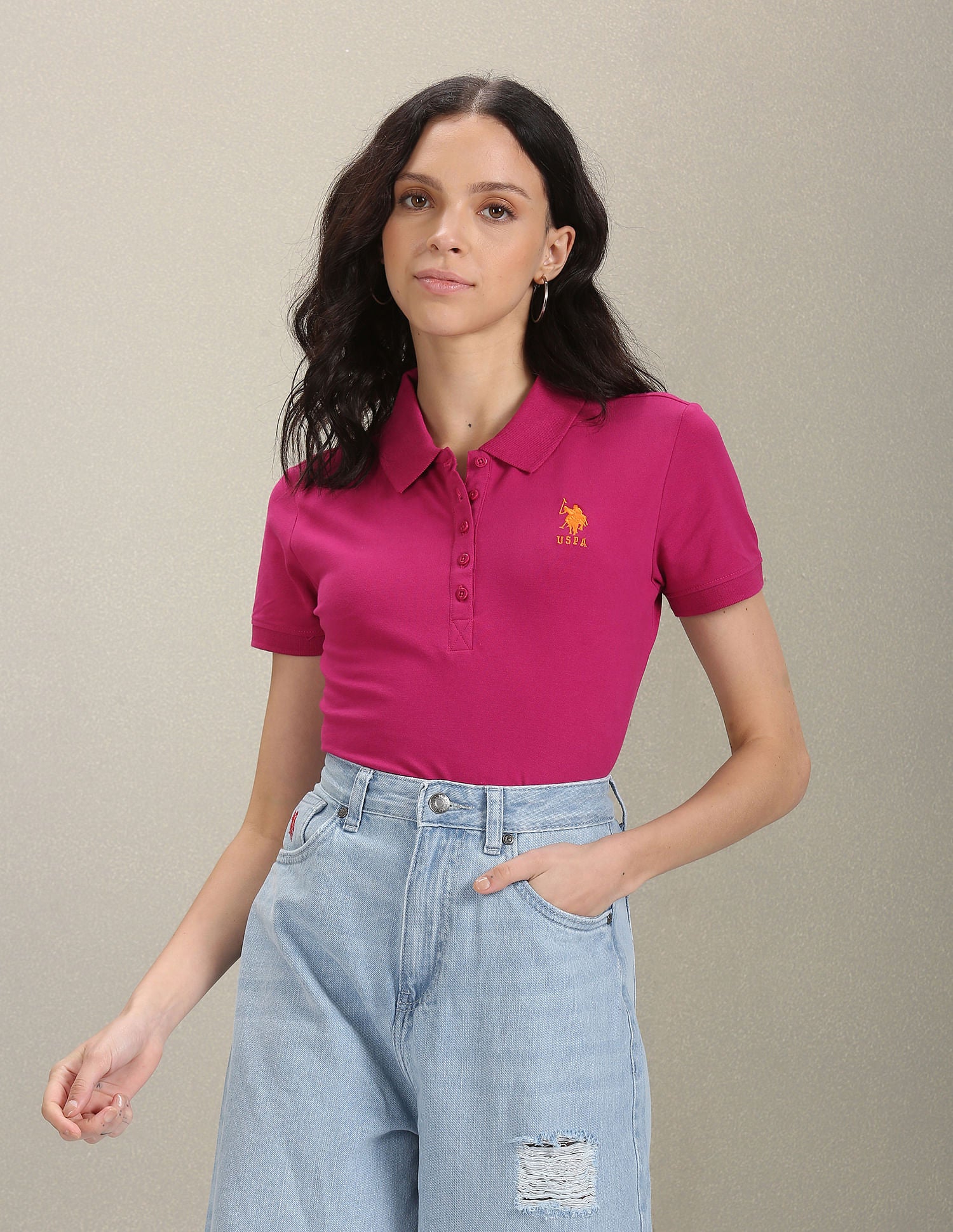 Ribbed Collar Solid Polo Shirt