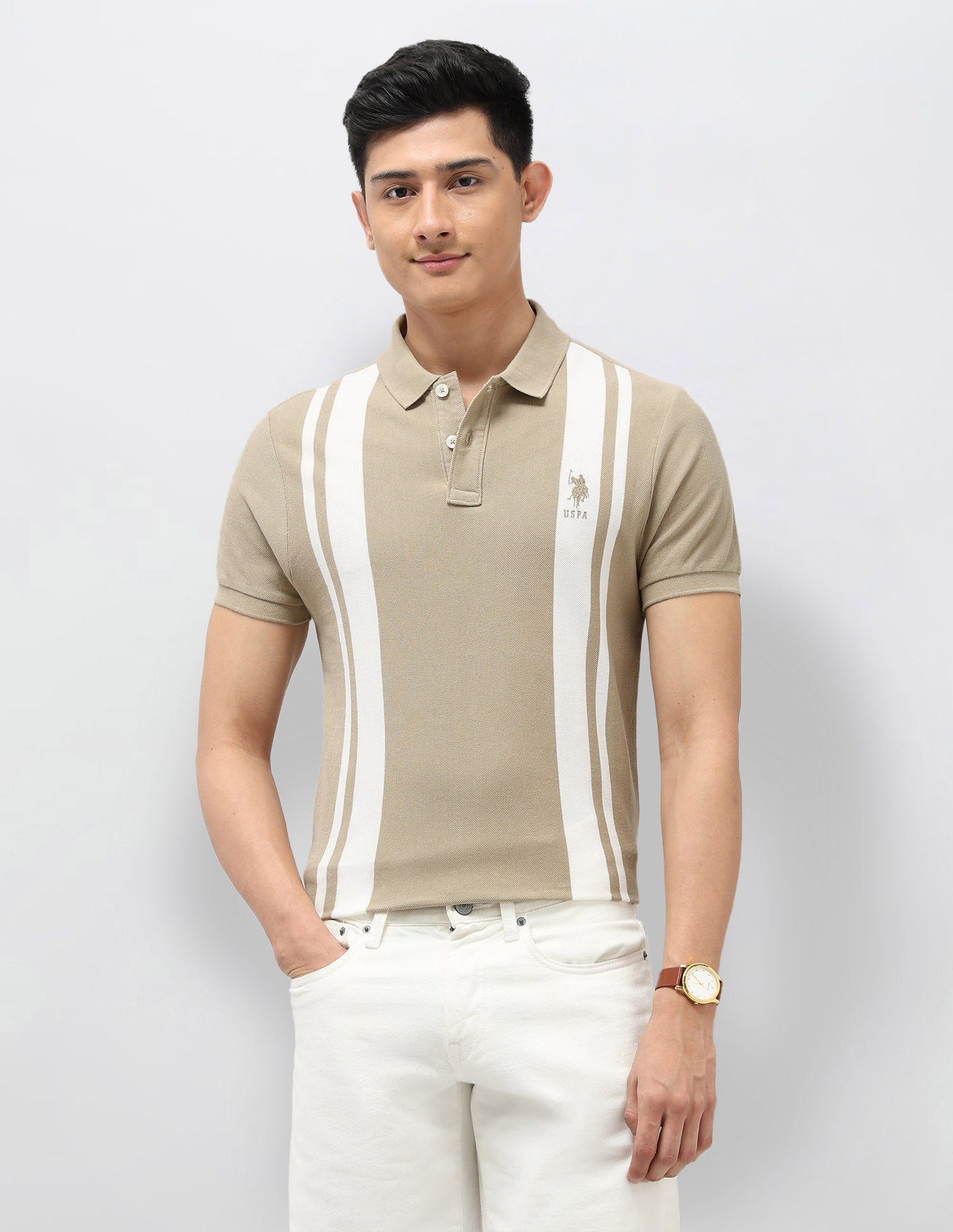 Vertical Striped Pure Cotton Polo Shirt Beige - U.S. Polo Assn. India | Large
