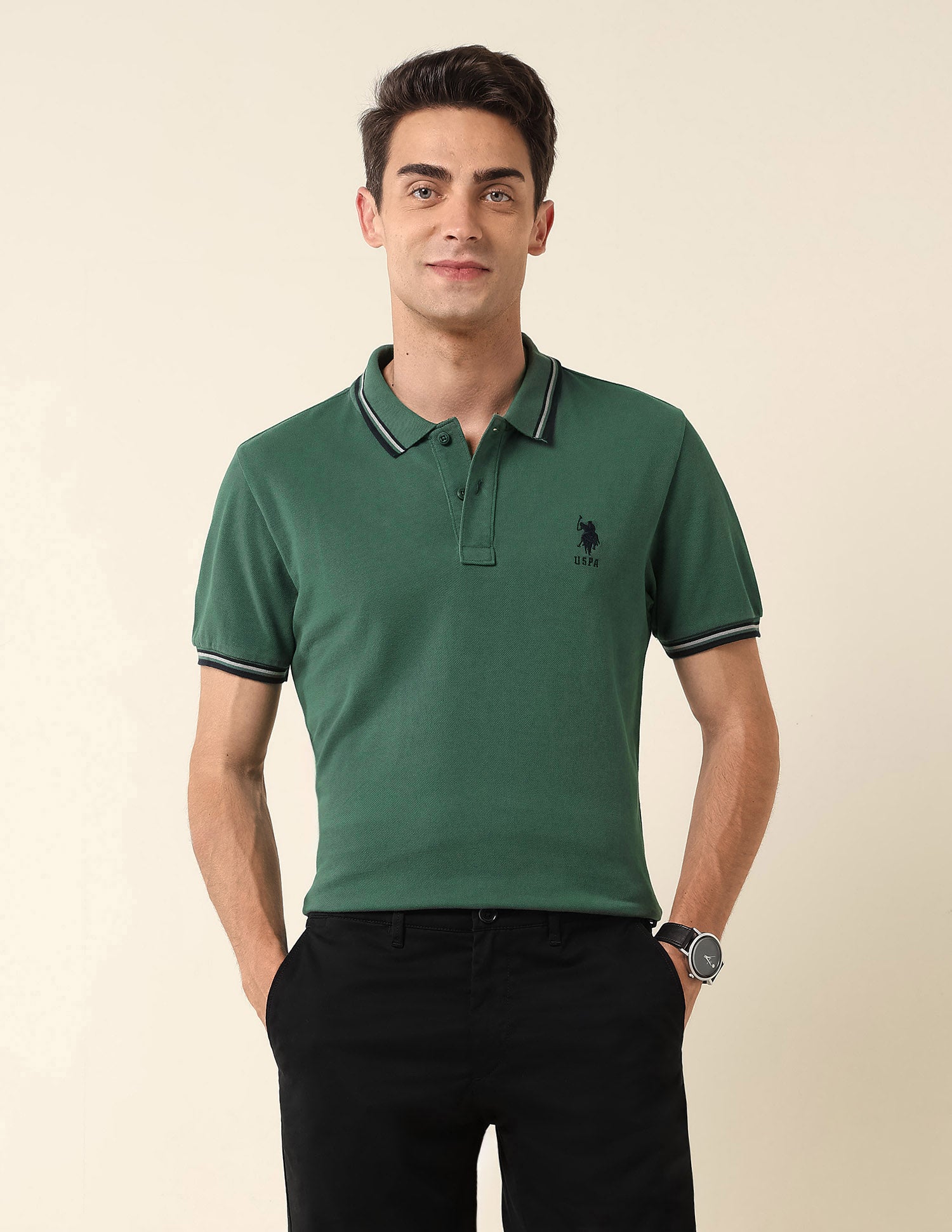 Pure Cotton Slim Fit Polo Shirt Dark Green - U.S. Polo Assn. India | Large