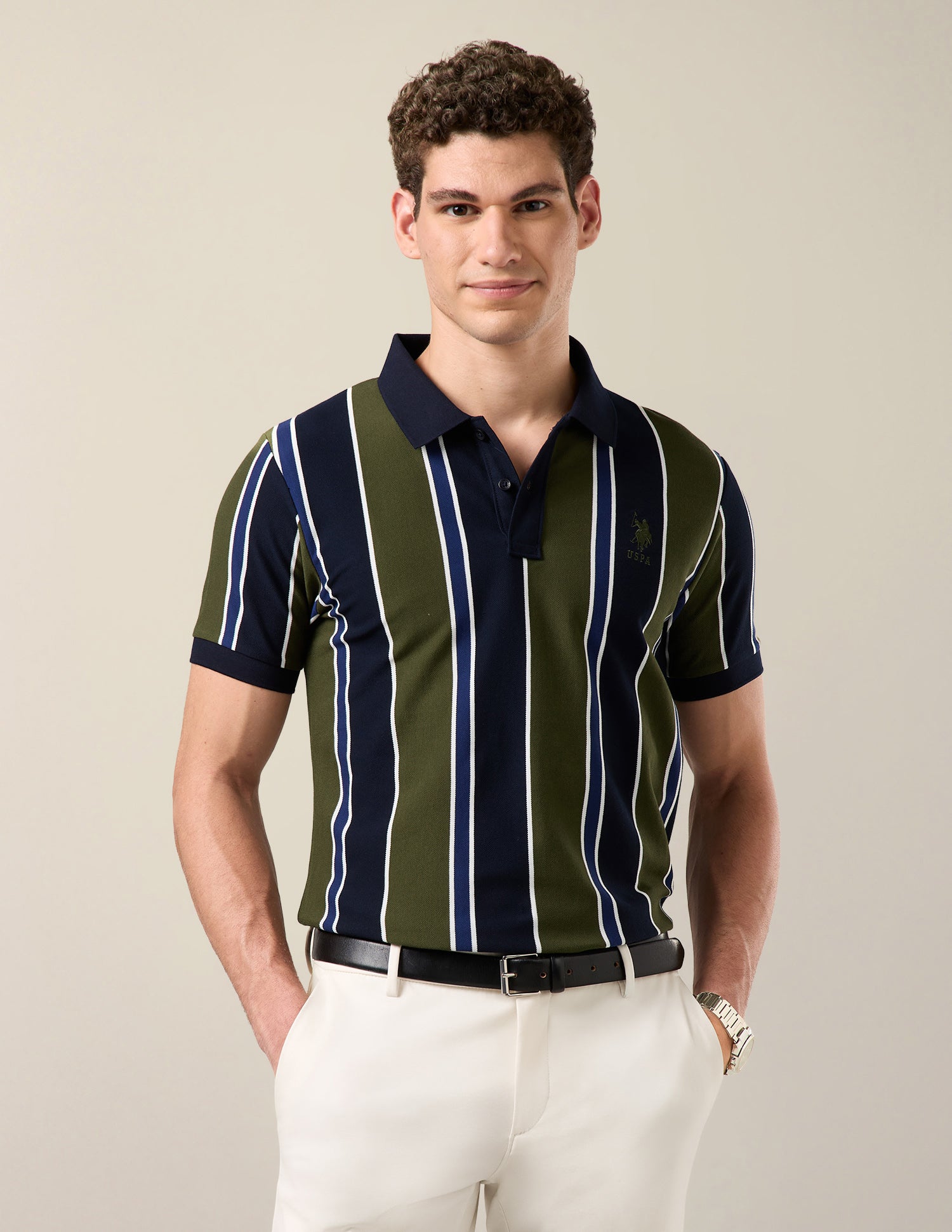 Vertical Striped Slim Fit Polo Shirt Olive - U.S. Polo Assn. India | Large