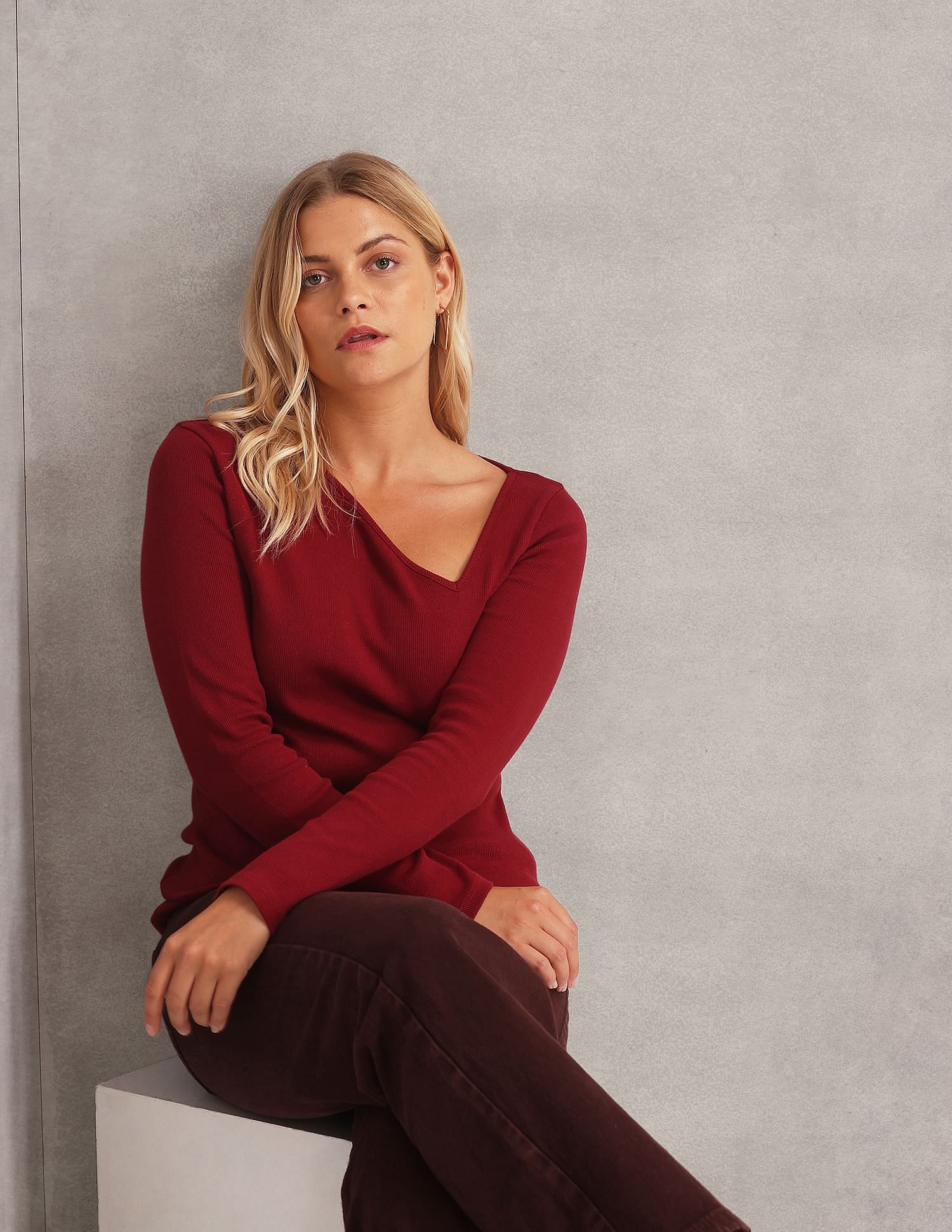 Long Sleeve V-Neck Top Maroon - U.S. Polo Assn. India | Large
