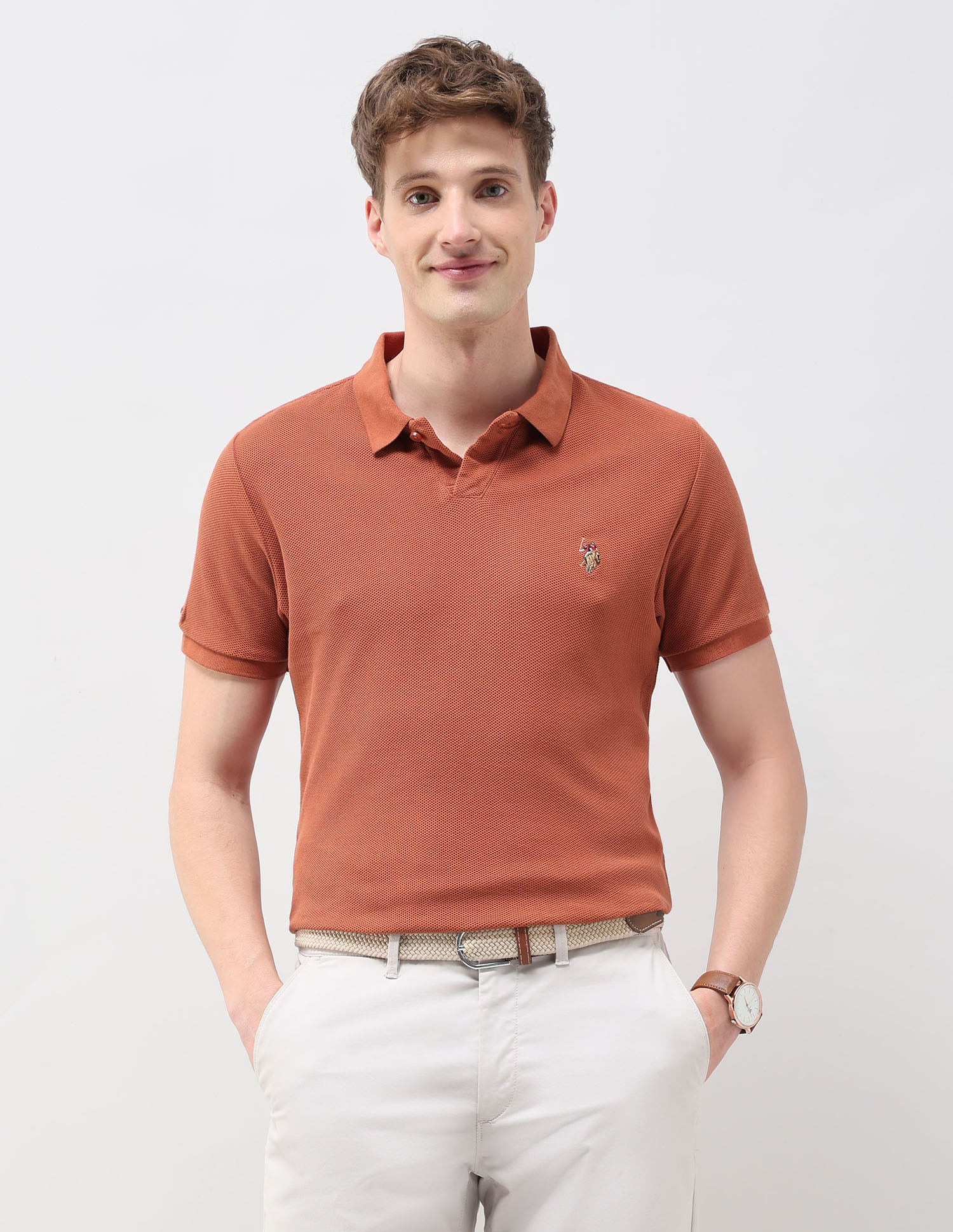 Textured Muscle Fit Polo Shirt Rust - U.S. Polo Assn. India | Large