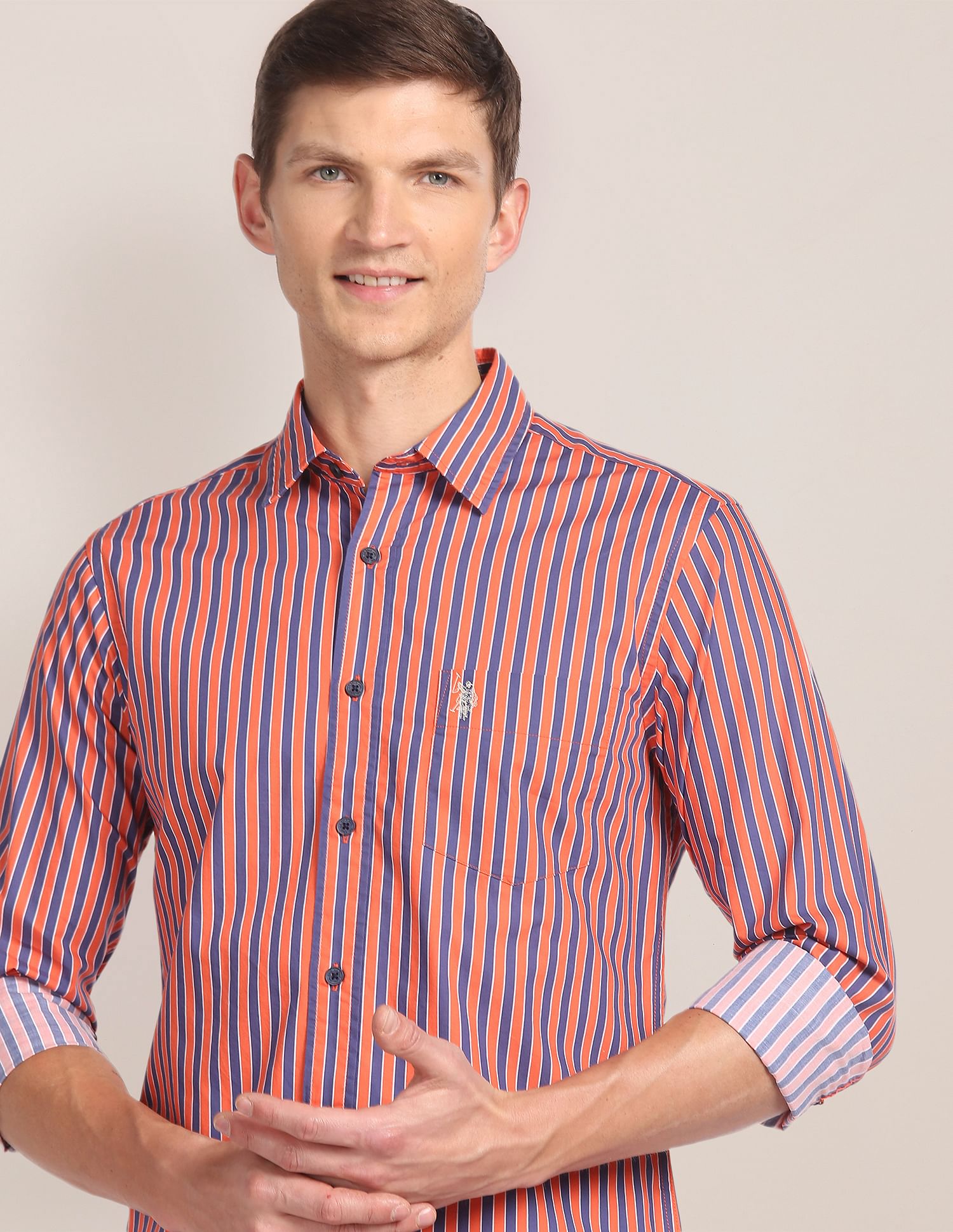 Men Orange And Blue Cotton Striped Casual Shirt U.S. Polo Assn. India
