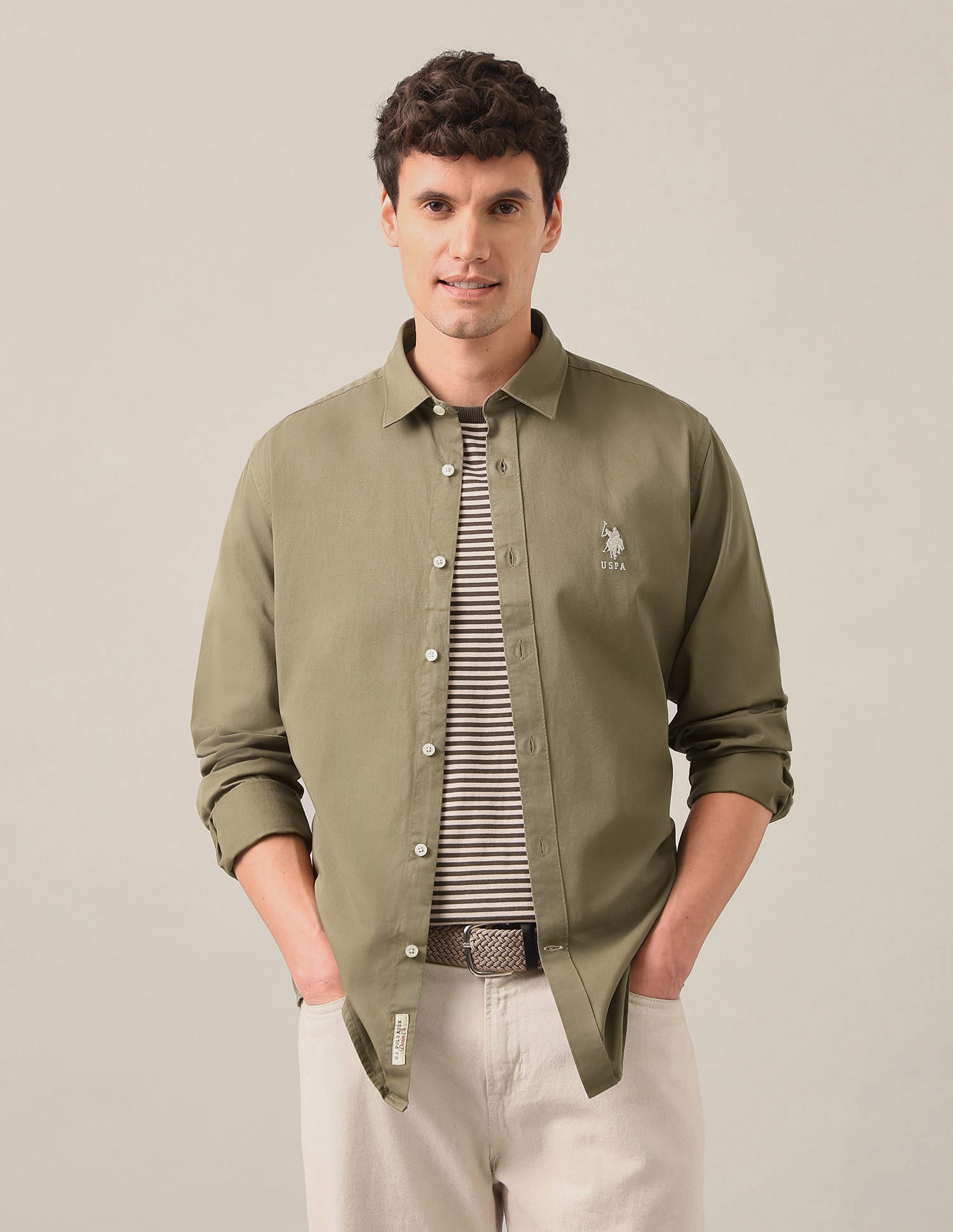 Slim Fit Cotton Shirt Dark Green - U.S. Polo Assn. India | Large
