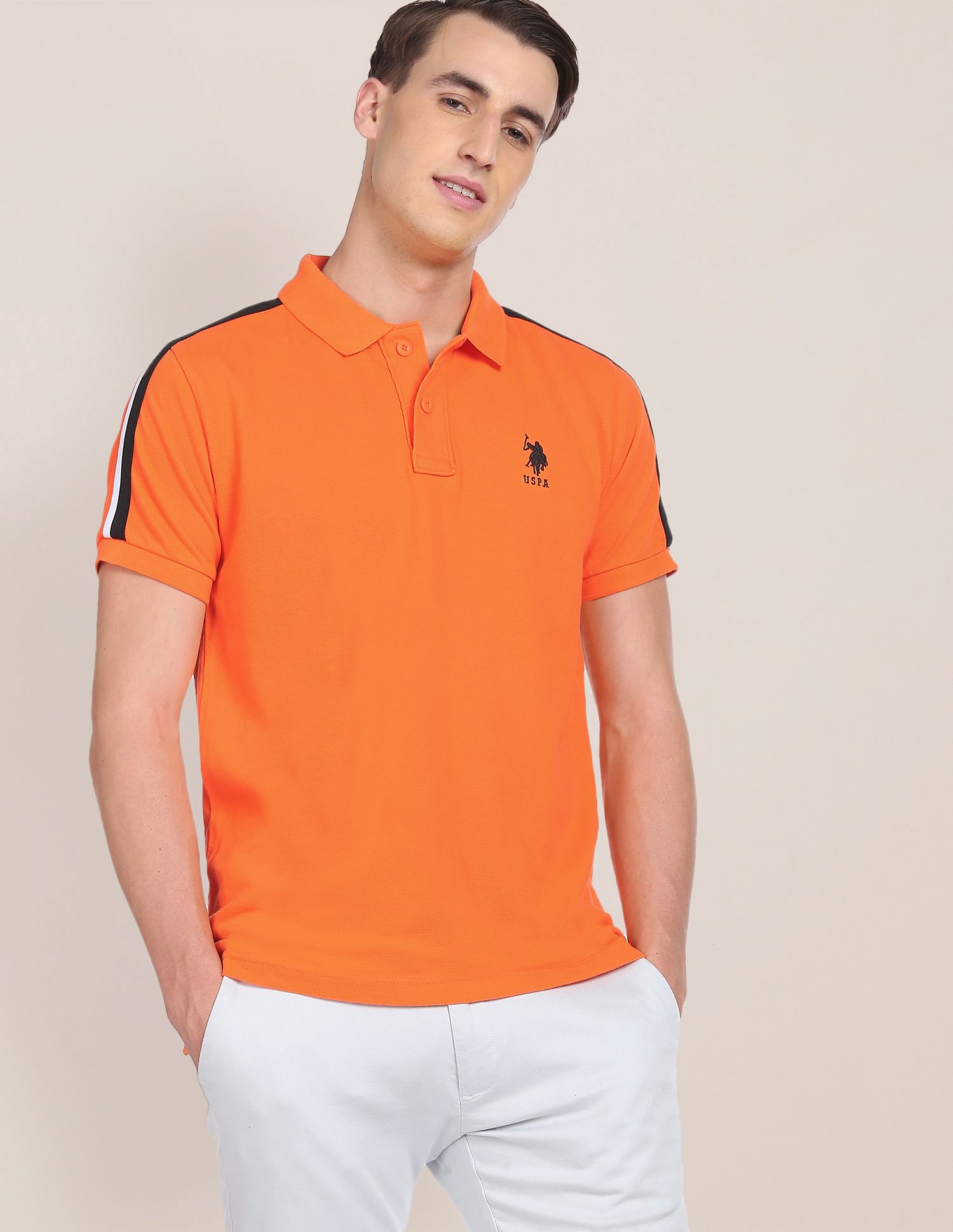 Striped Tape Solid Pure Cotton Polo Shirt Orange - U.S. Polo Assn. India | Large