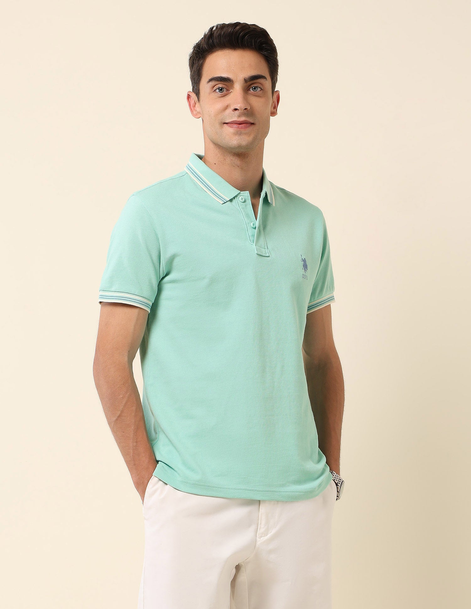 Solid Slim Fit Polo Shirt Mint Green - U.S. Polo Assn. India | Large