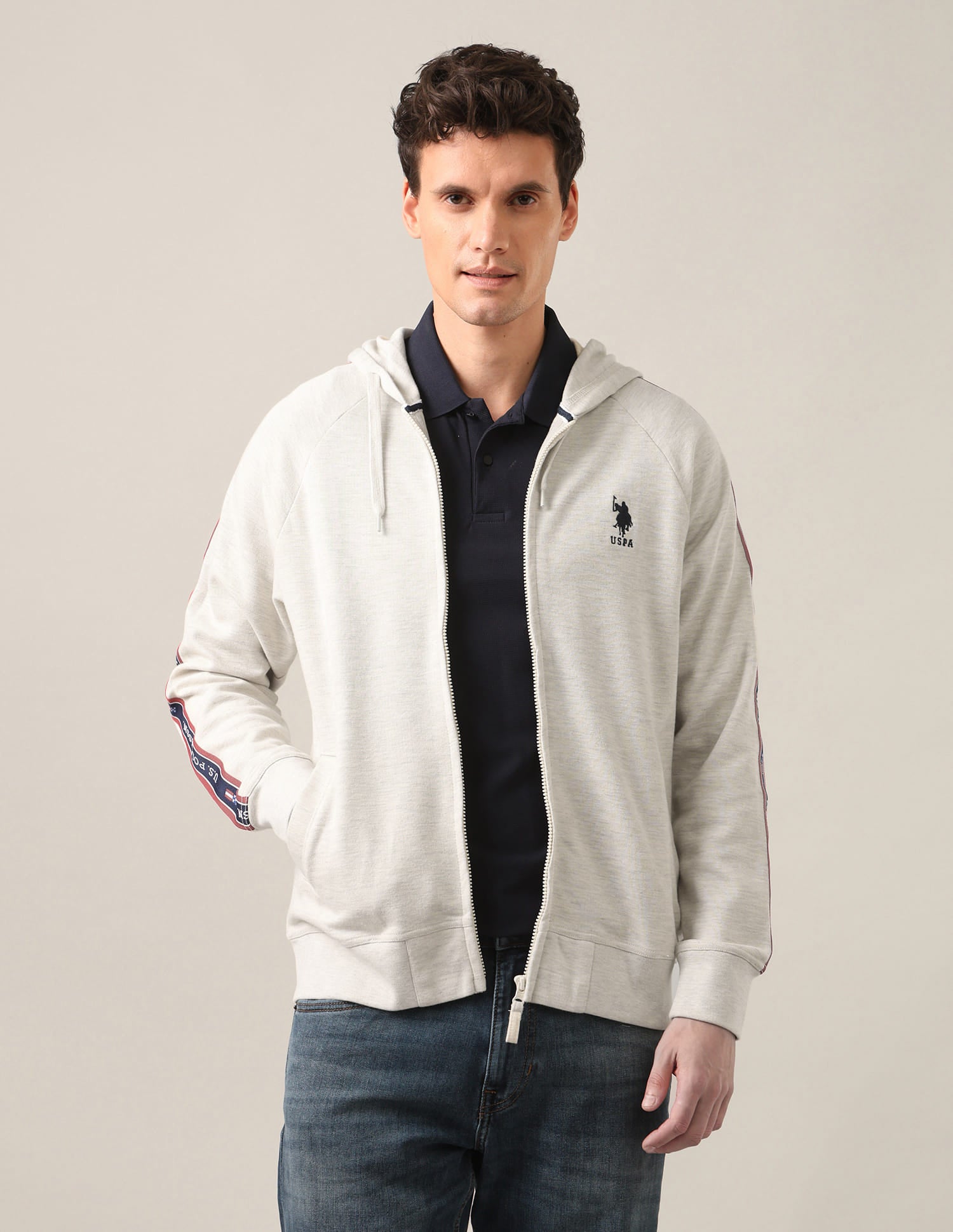 Hooded Zip Up Heathered Sweatshirt Ecru - U.S. Polo Assn. India | Large