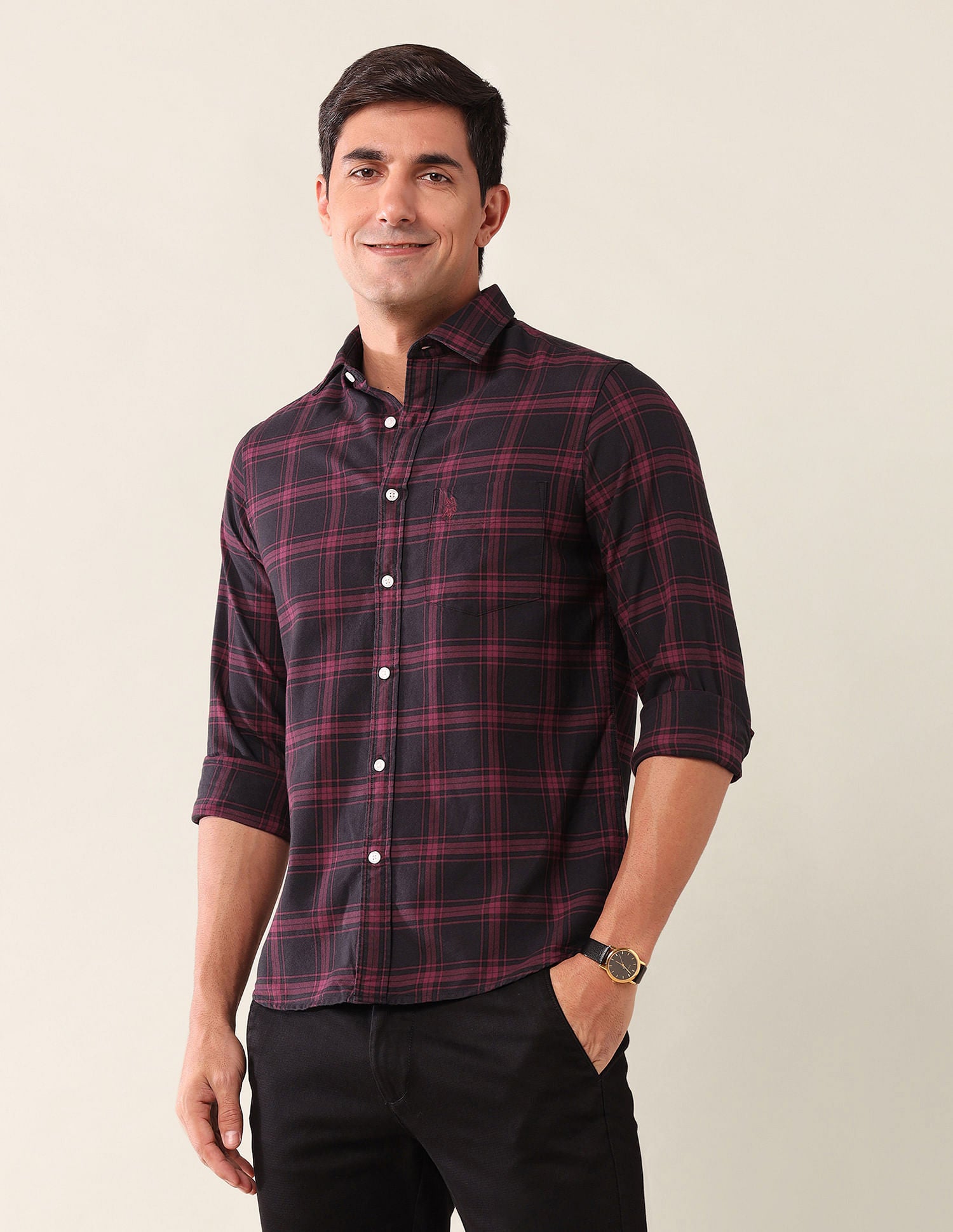 Tailored Fit Checked Shirt Maroon - U.S. Polo Assn. India | Large