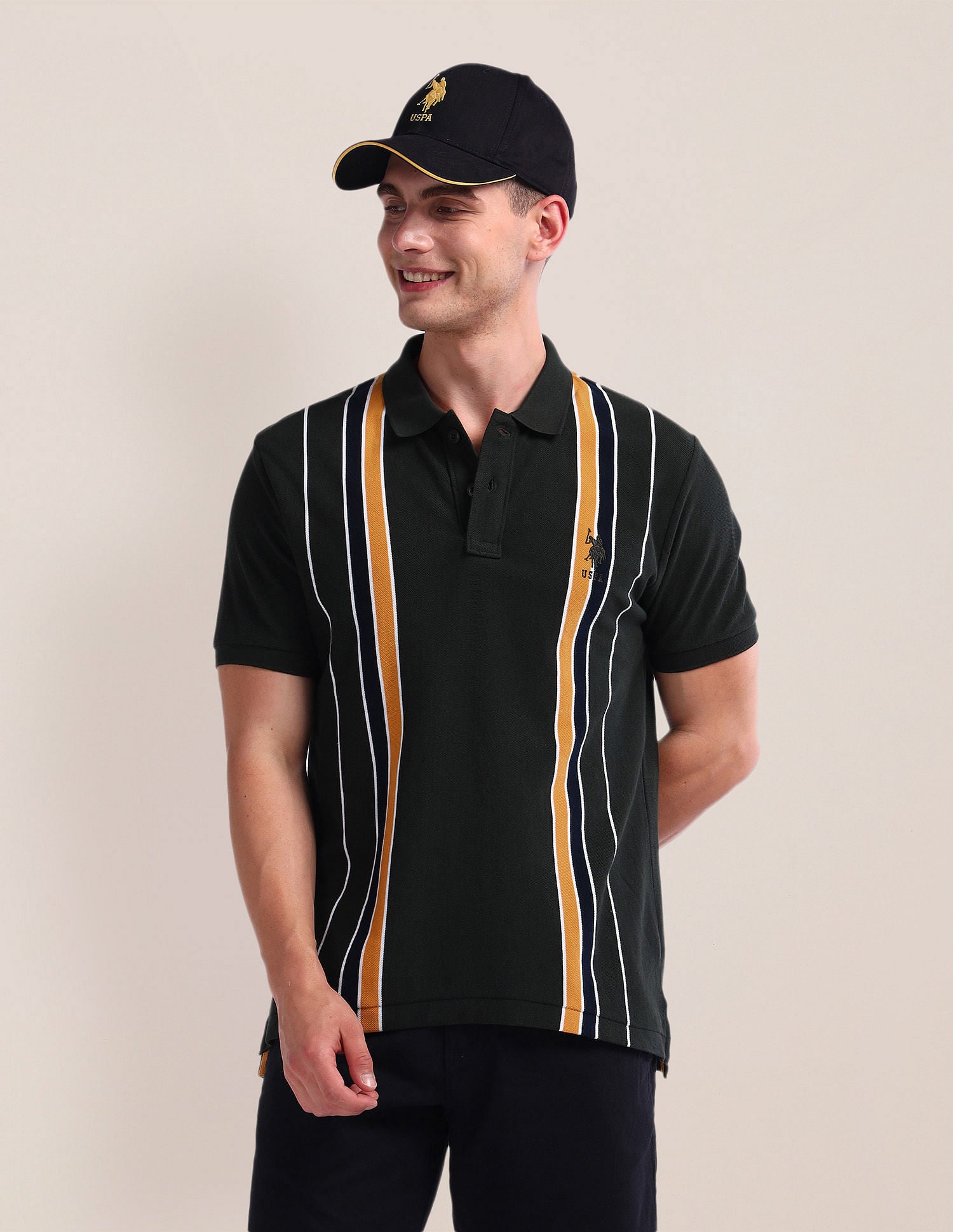 Pure Cotton Stripe Polo Shirt Olive - U.S. Polo Assn. India | Large
