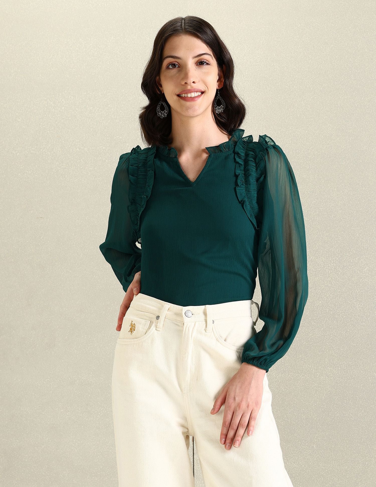 V-Neck Ruffled Neck Top Green - U.S. Polo Assn. India | Large