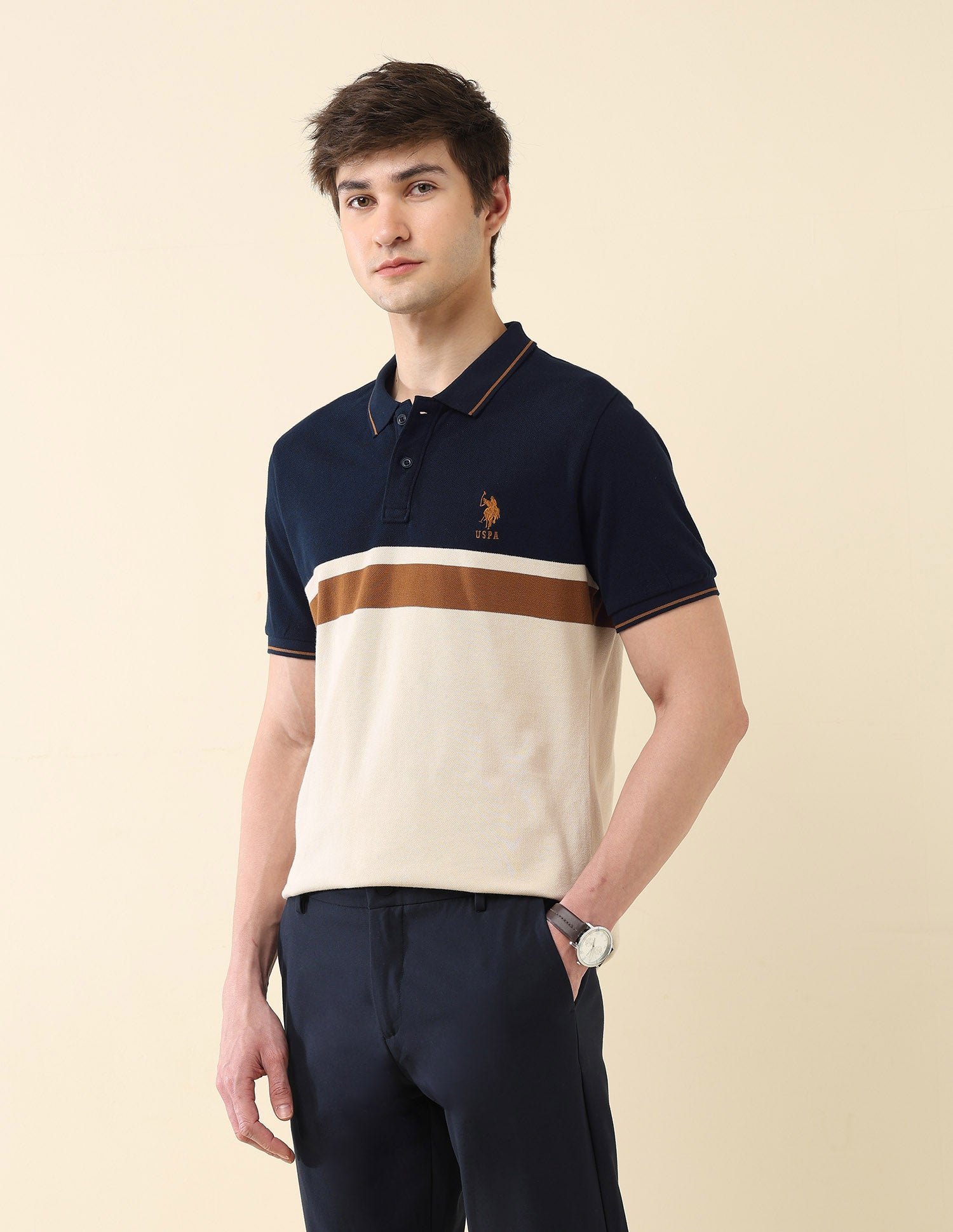Colourblocked Pure Cotton Gold Cup Polo Shirt