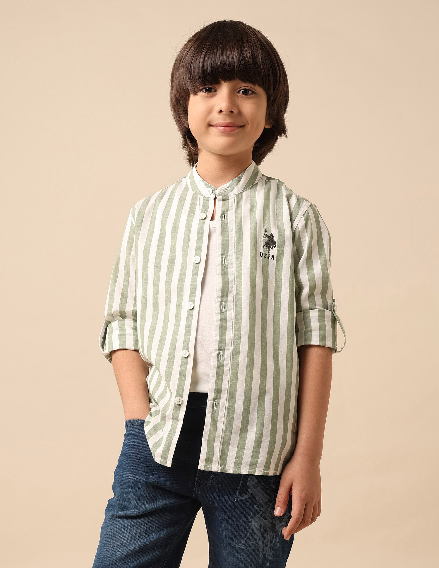 Boys Vertical Striped Mandarin Shirt