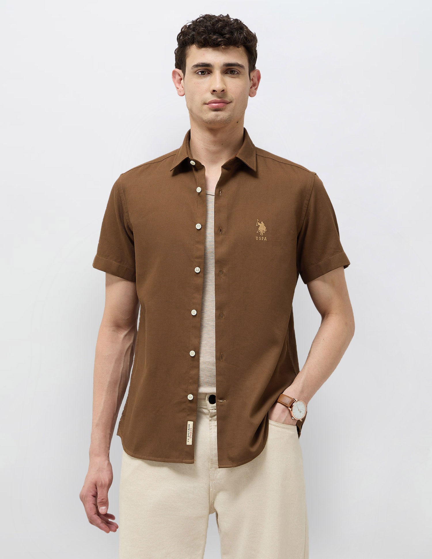 Dobby Textured Regular Fit Shirt Brown - U.S. Polo Assn. India | Large