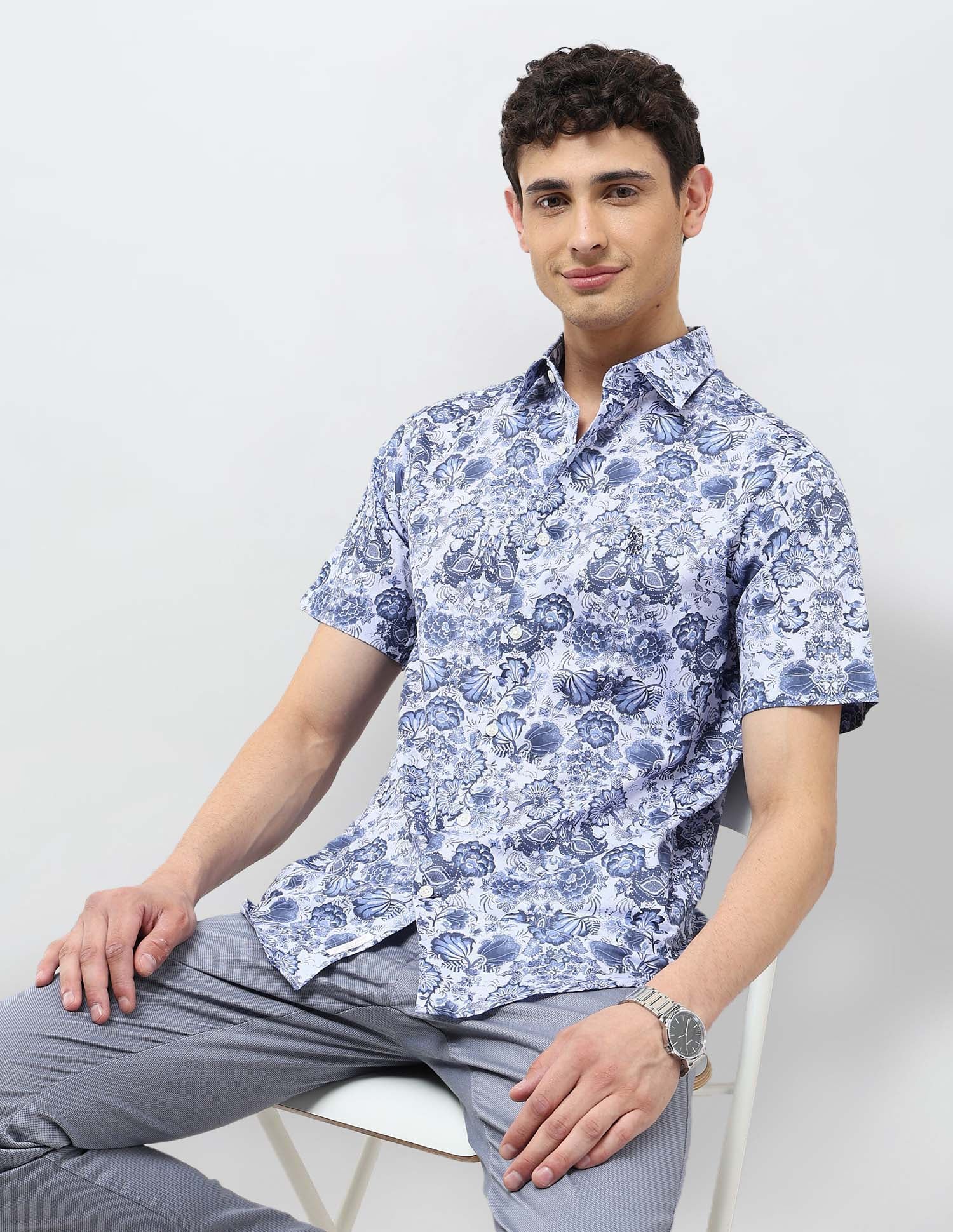 Floral Printed Tailored Fit Shirt Blue - U.S. POLO ASSN. | Large