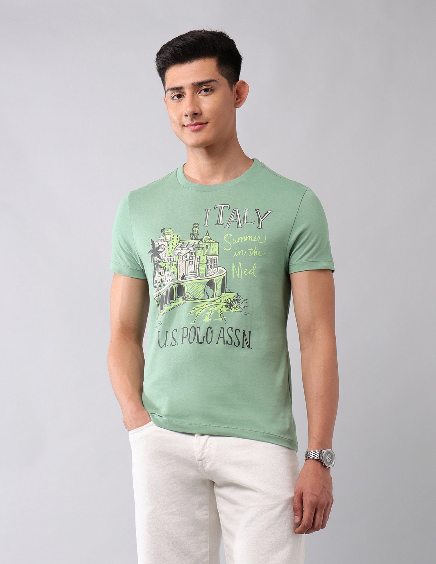 Muscle Fit Graphic Printed T-Shirt Light Green - U.S. Polo Assn. India | Large