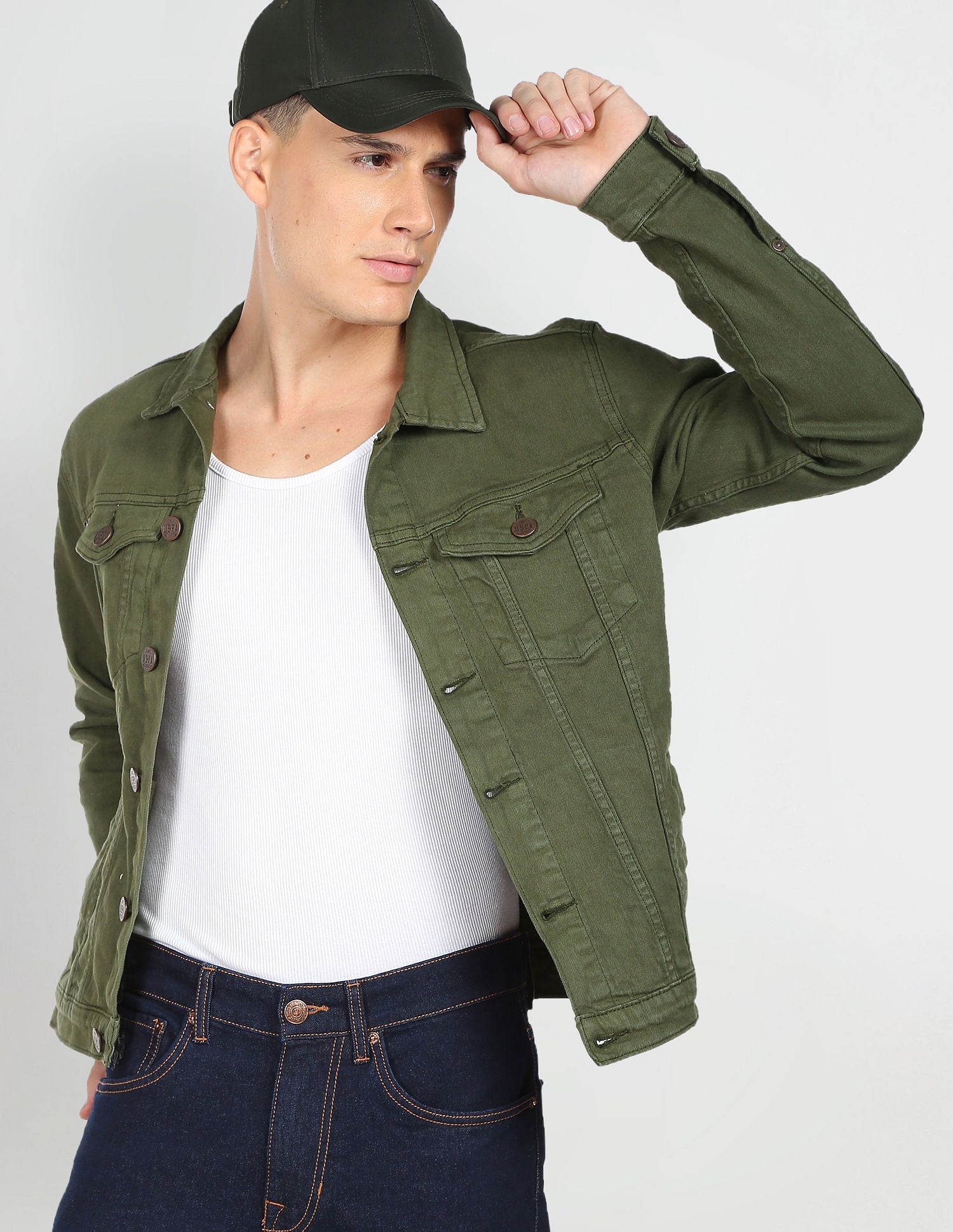 Panelled Solid Denim Jacket Olive - U.S. Polo Assn. India | Large