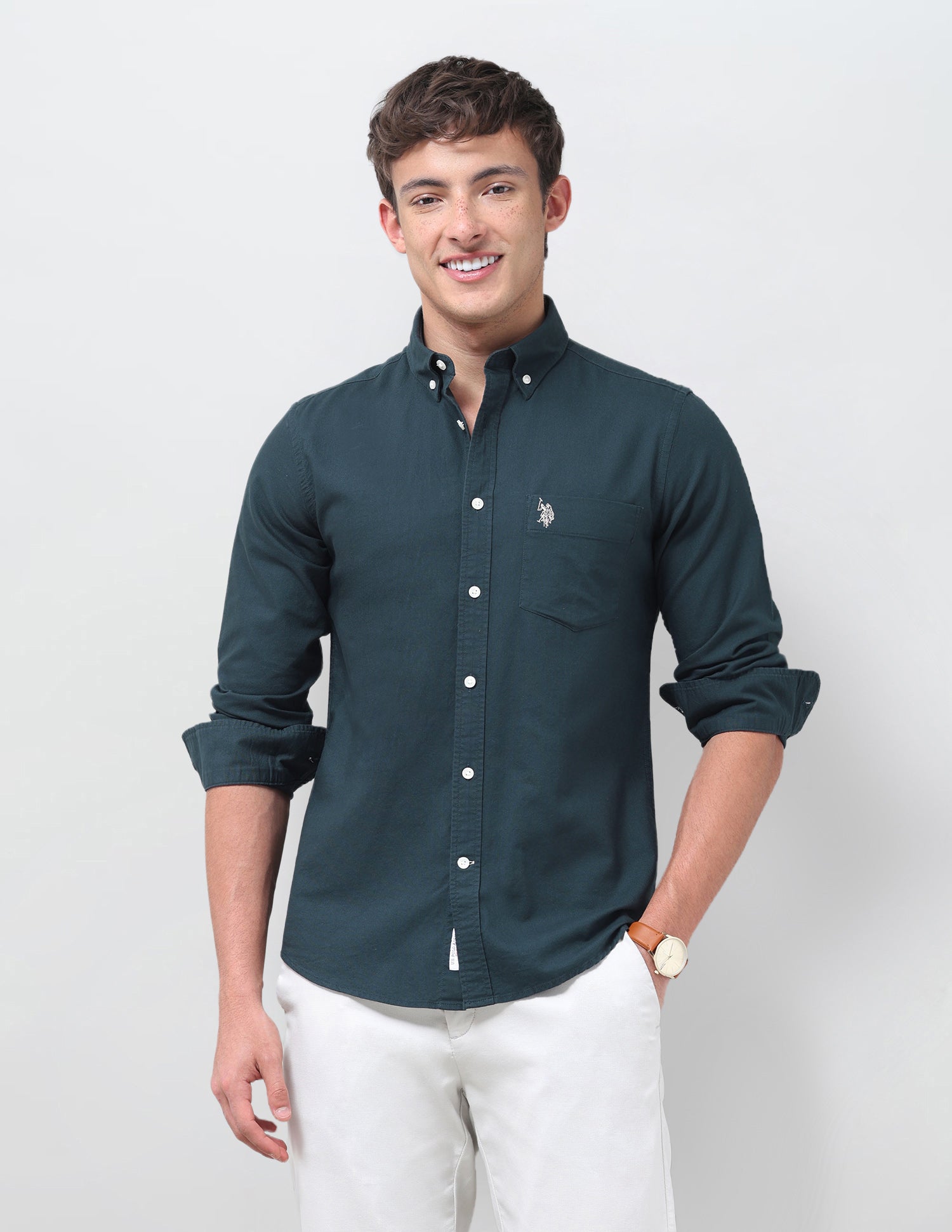 Tailored Fit Oxford Button Down Shirt Teal - U.S. Polo Assn. India | Large