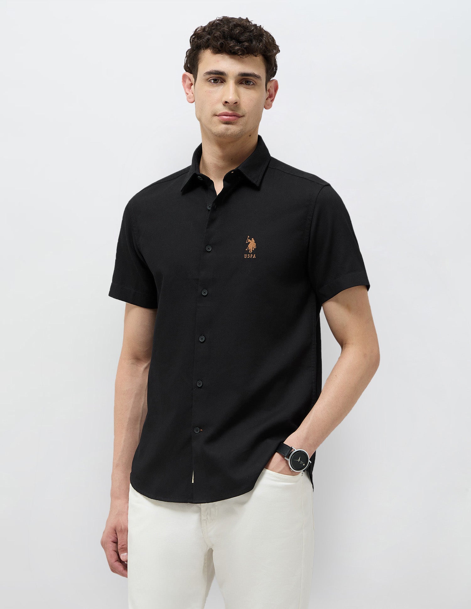 Textured Regular Fit Shirt Black - U.S. Polo Assn. India | Large