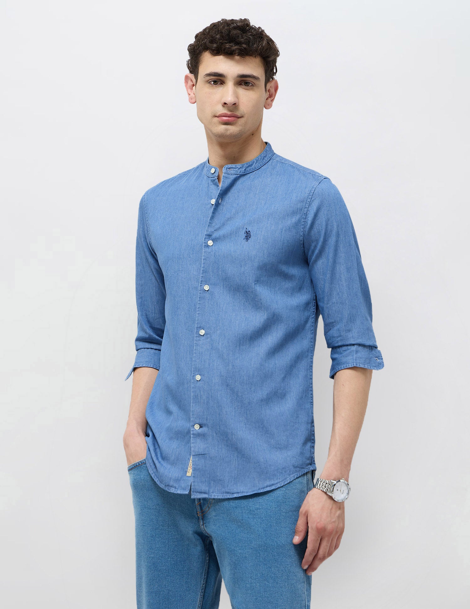 Twill Slim Fit Mandarin Shirt