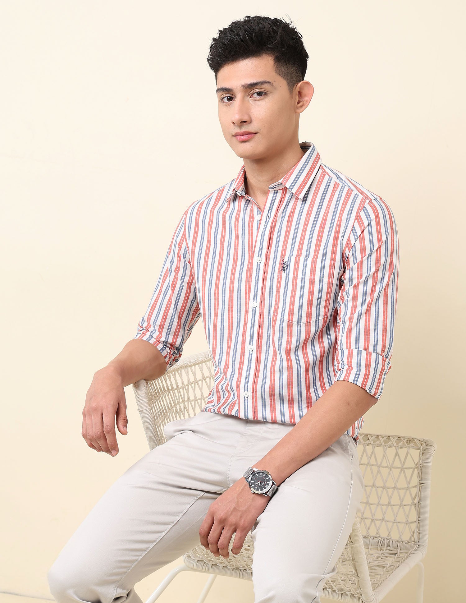 Vertical Striped Pure Cotton Shirt Red - U.S. Polo Assn. India | Large